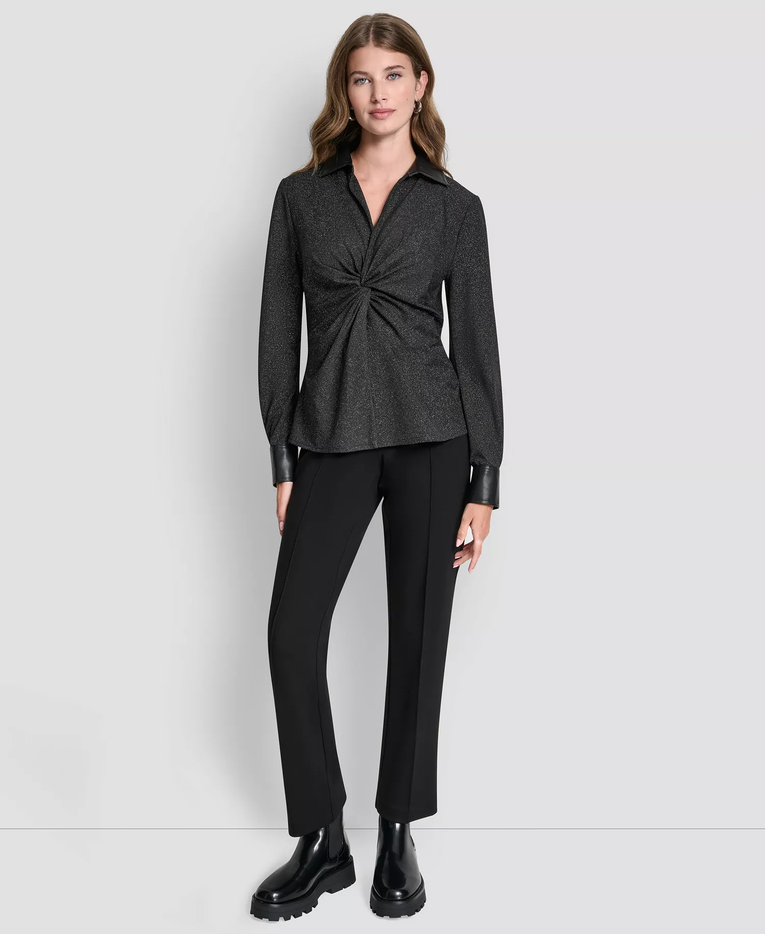 Women's Knit Twist Front V-Neck Top - Black/silver - L