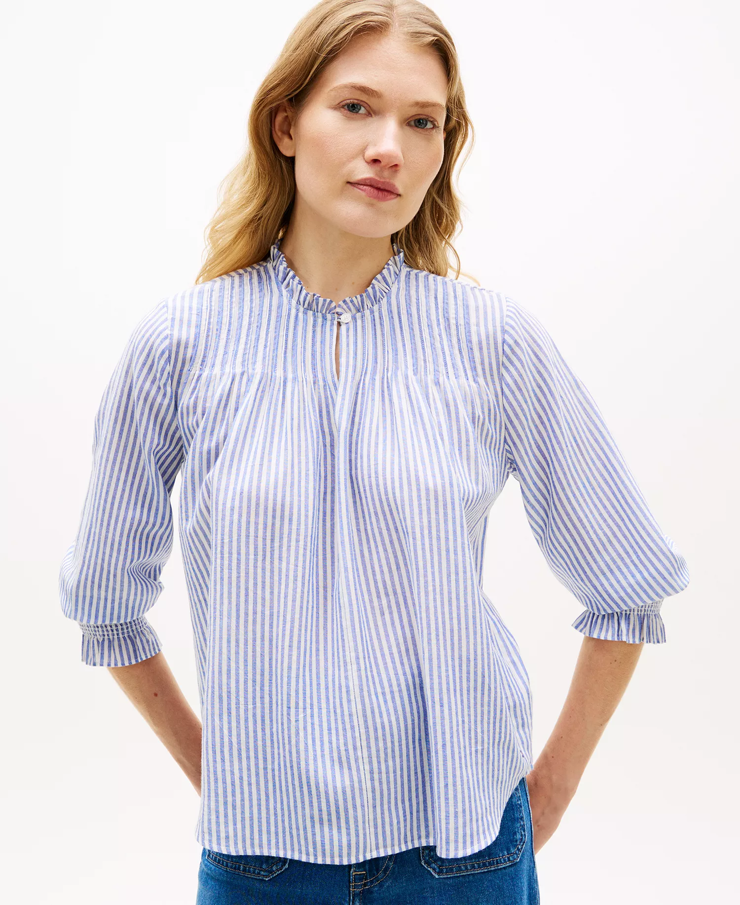 Women's Pin Tuck Cambric Ruffle Collar Blouse - Blue/white - L
