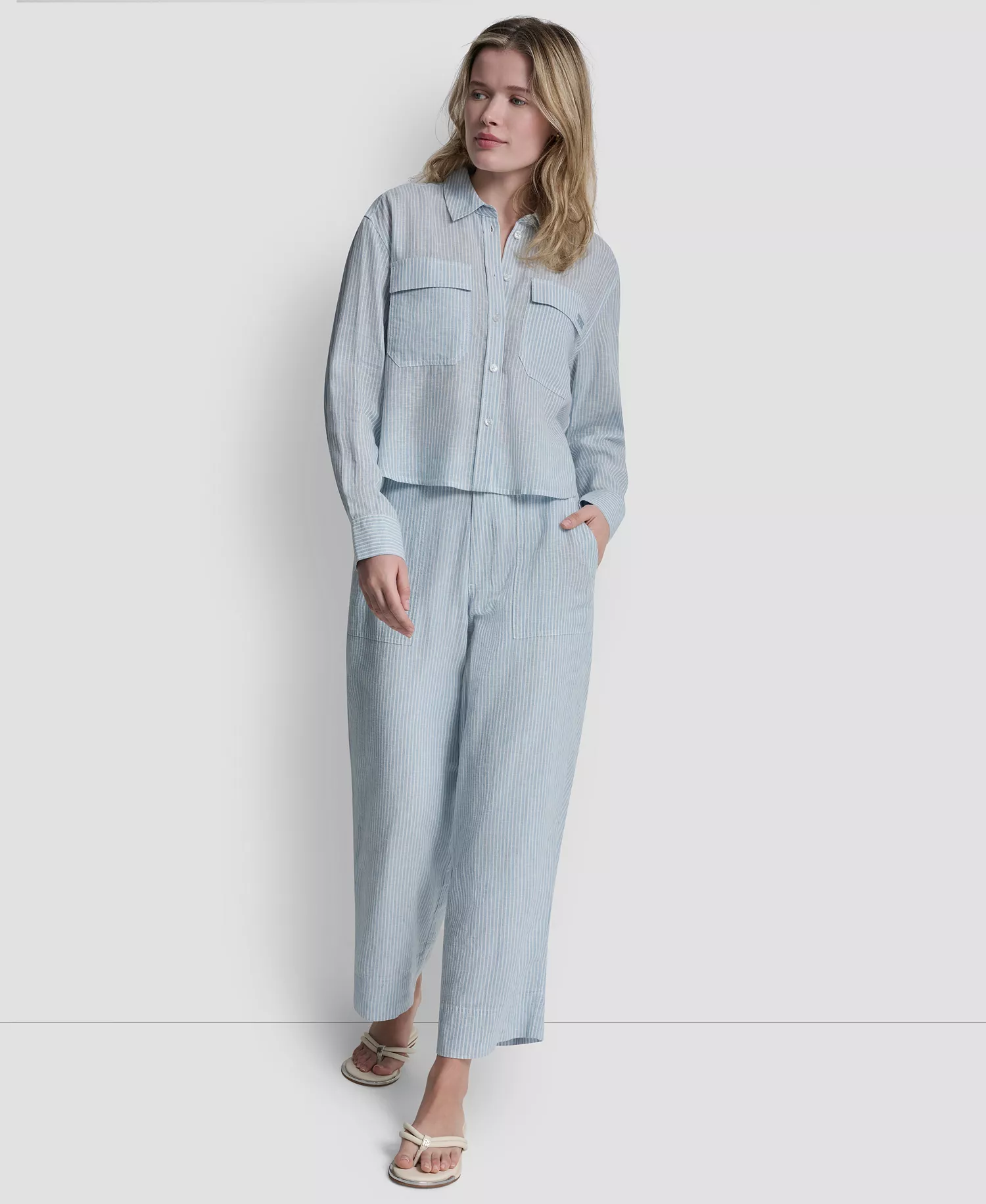 Women's Linen-Blend Cropped Long-Sleeve Shirt - Lex Chambray - L