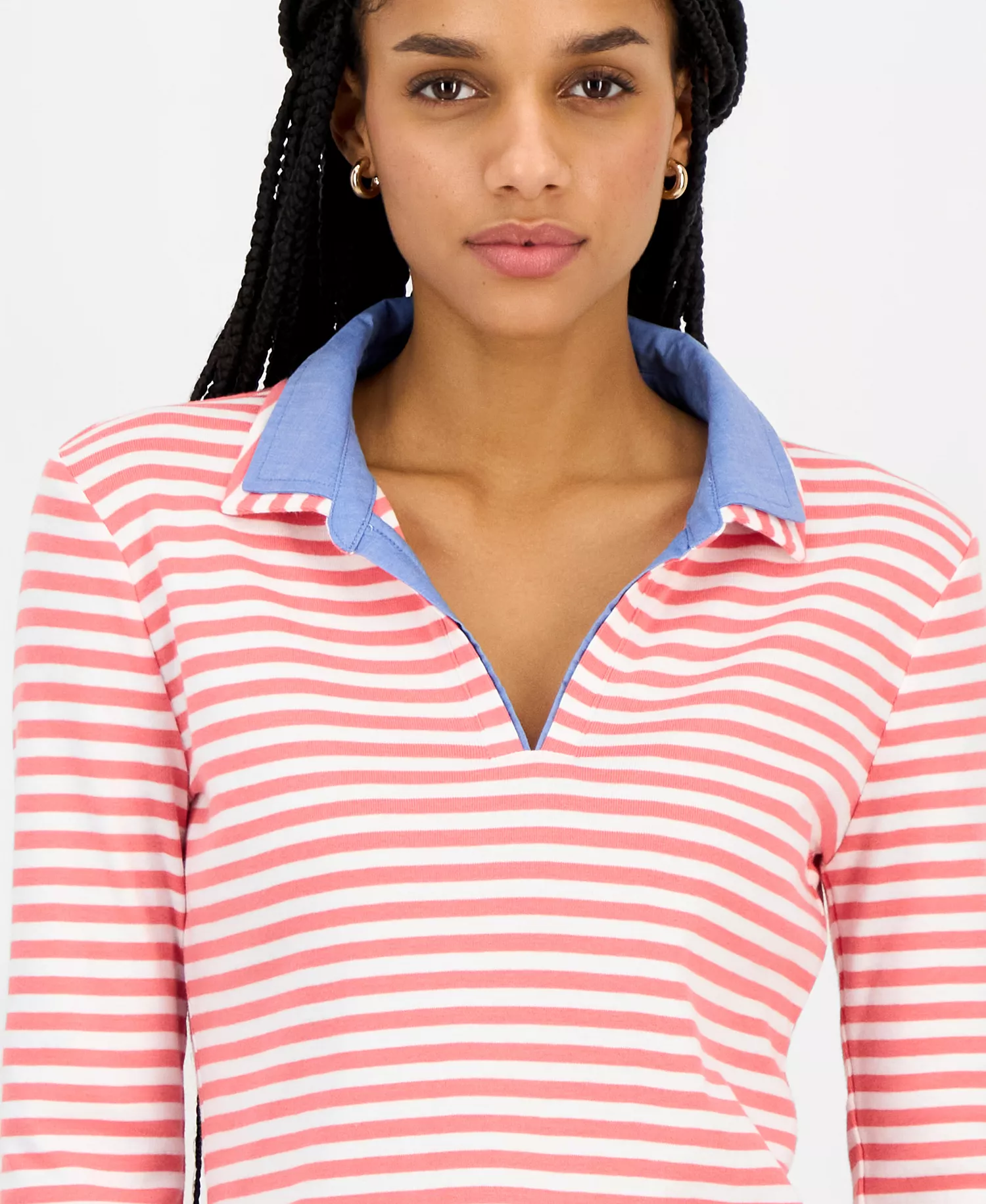 Nautica Women's Striped Double Collar Long Sleeve Cotton Shirt - Coralie Mlt - L