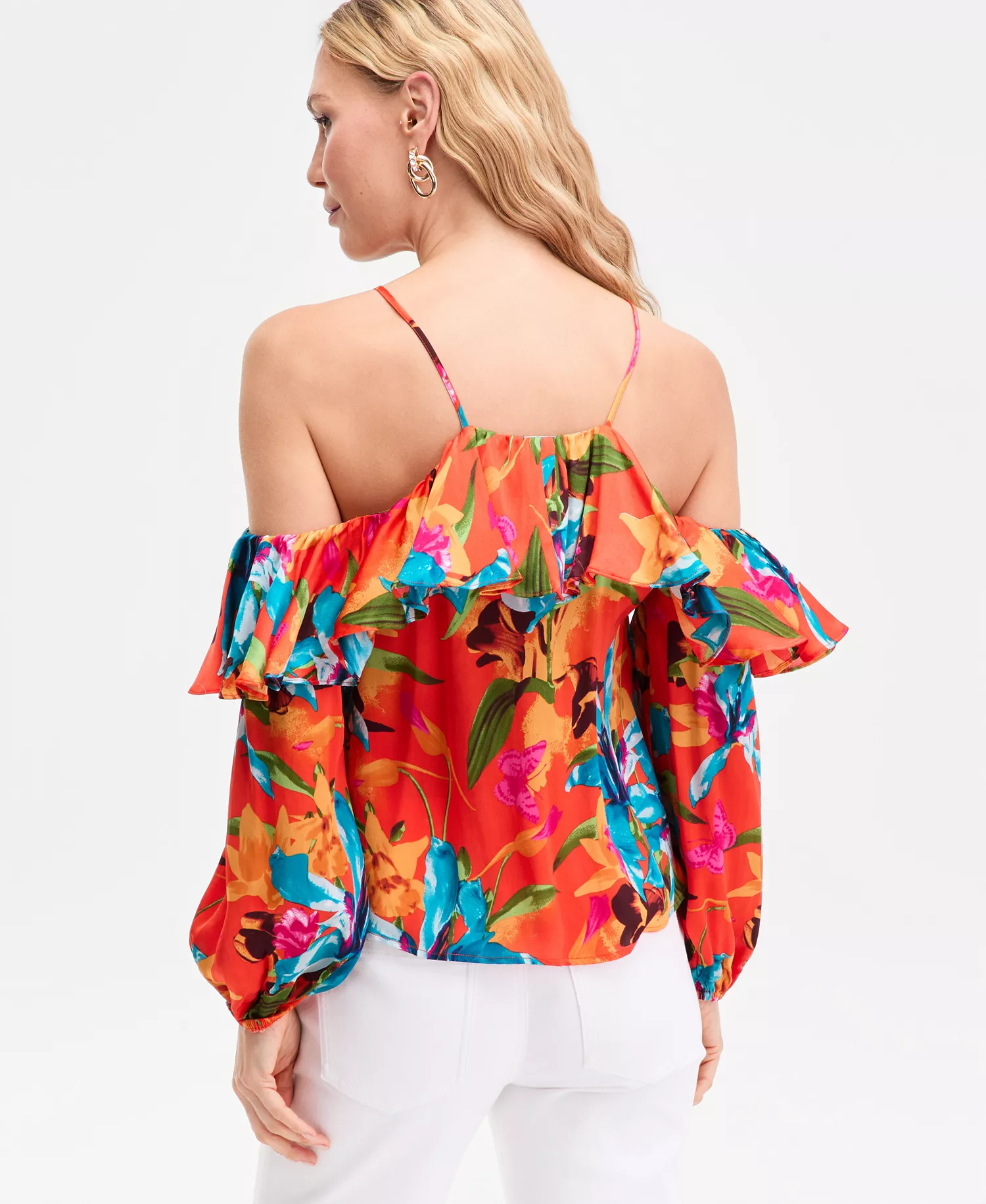 Women's Printed Ruffled Cold-Shoulder Top, Macy's Exclusive  - Calla Bouq Red - L