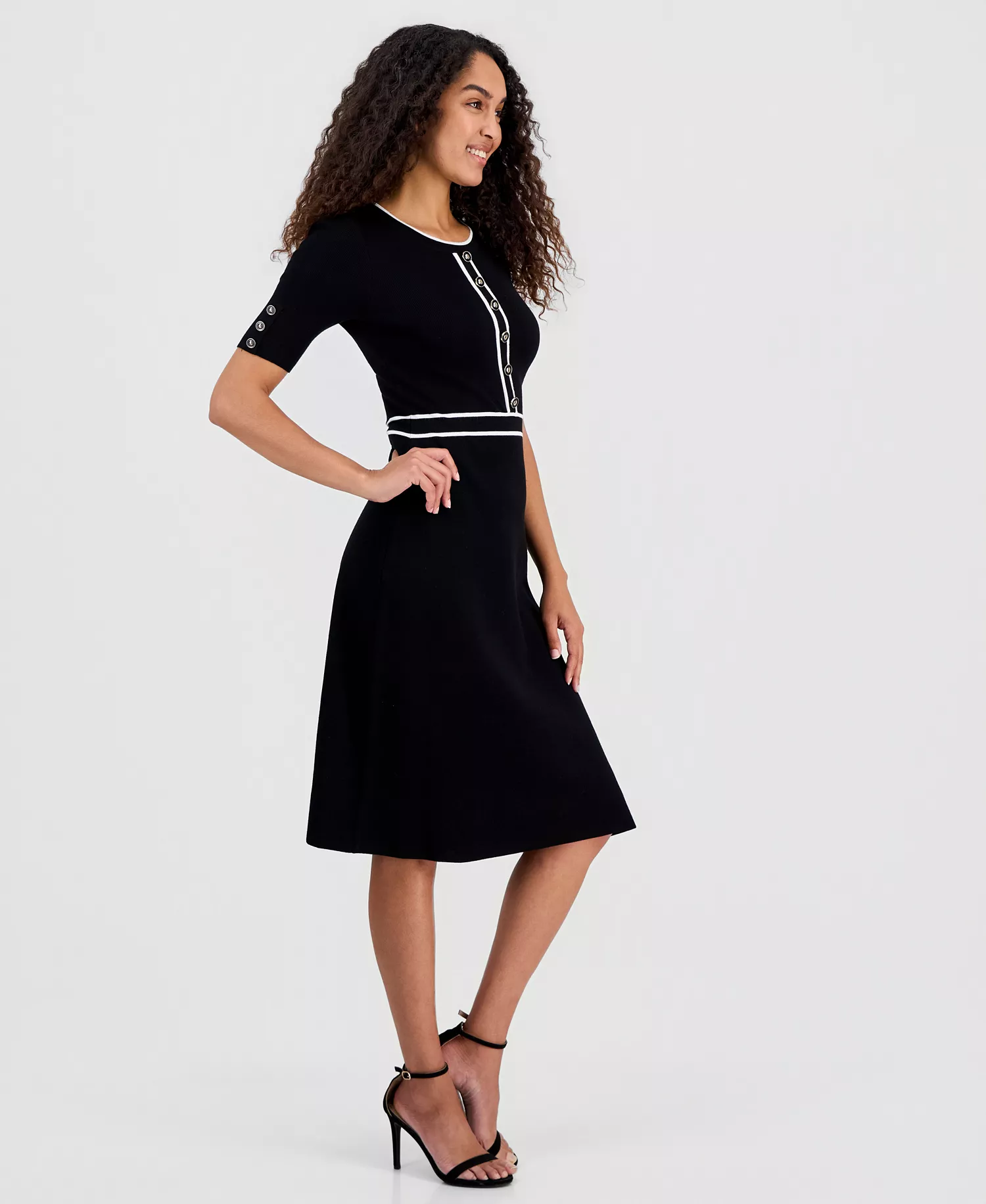 Women's Contrast-Trim Fit & Flare Sweater Dress - Black / White Star - M