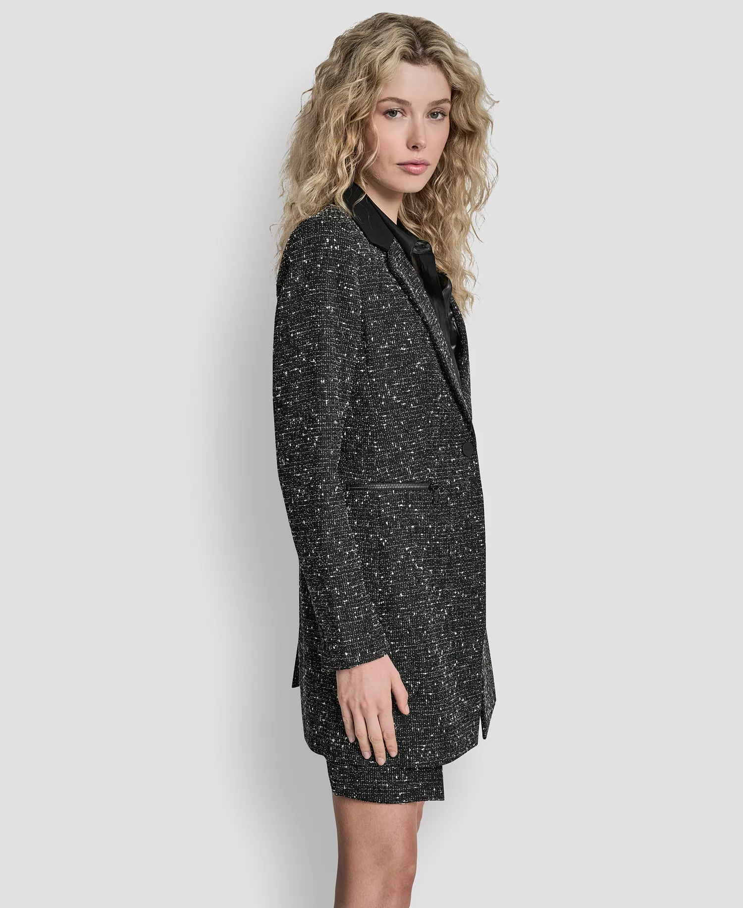 Women's Notch Collar Tweed Topper Jacket - Black/ivory - 14