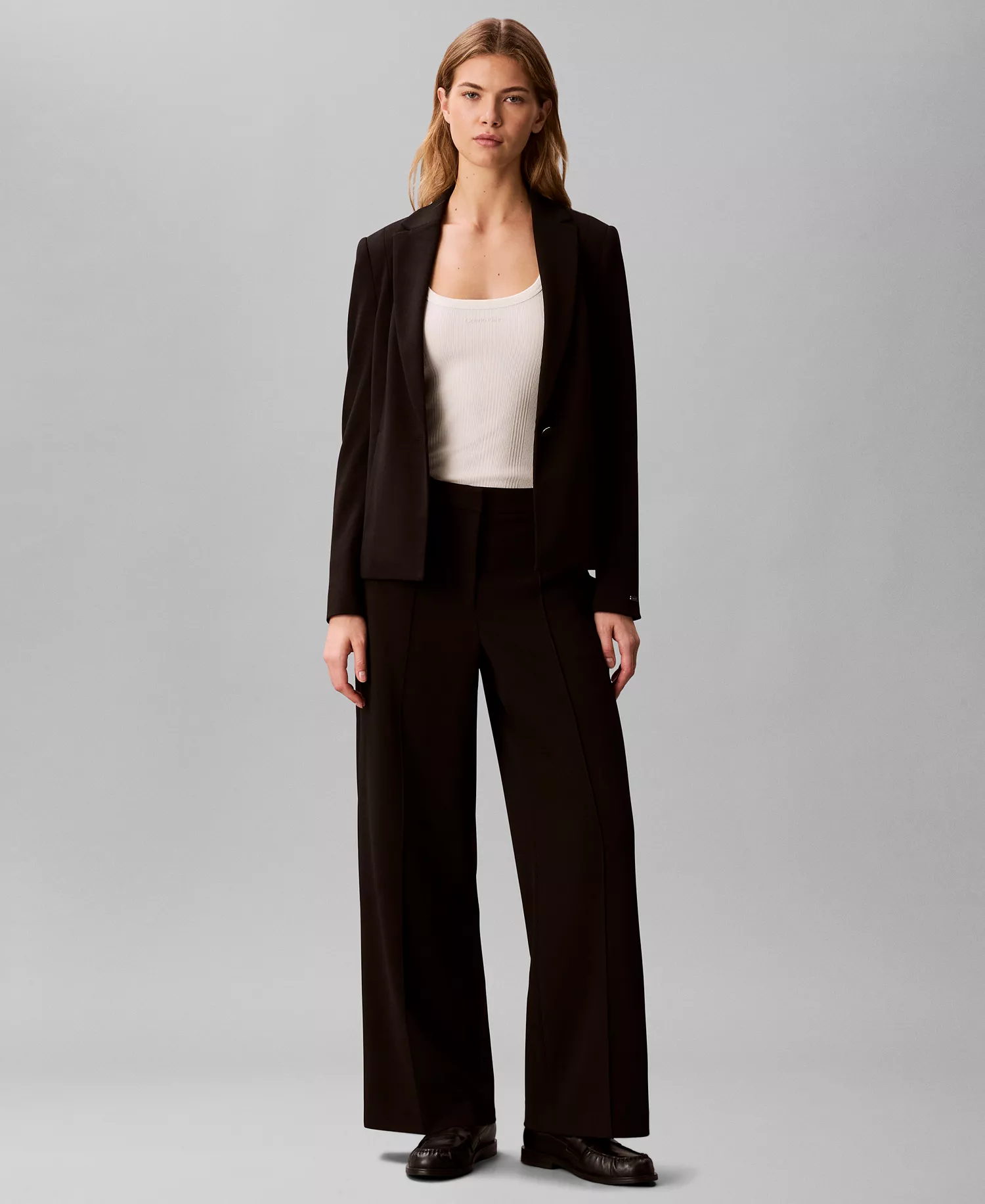 Women's Crepe One-Button Blazer and Stretch Crepe Wide-Leg Pant - Black - 10