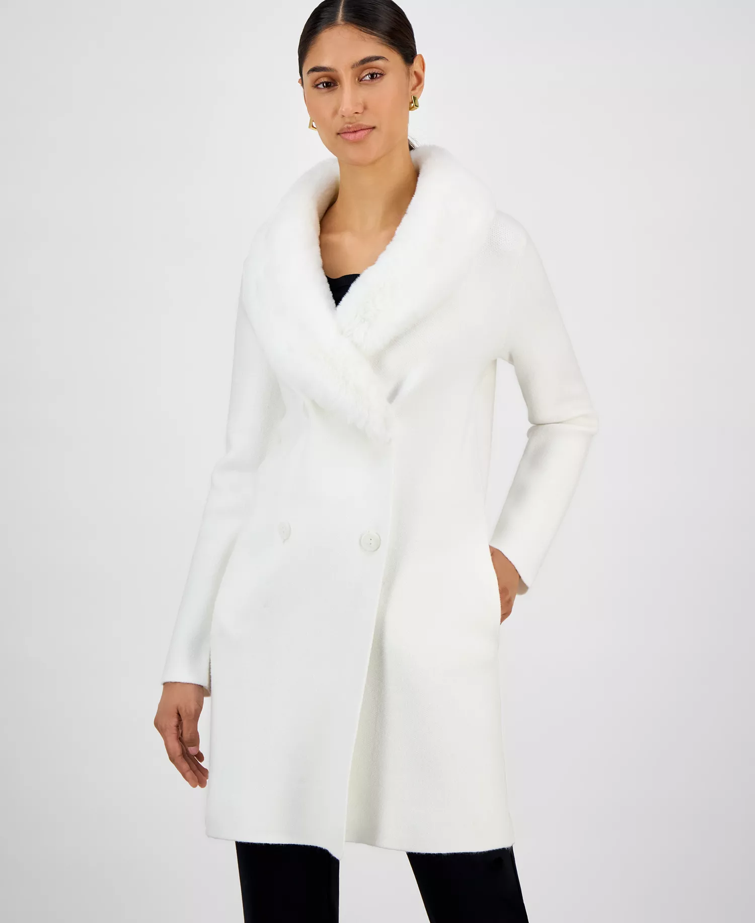 Women's Faux-Fur Shawl-Collar Jacket - Soft Ivory - M