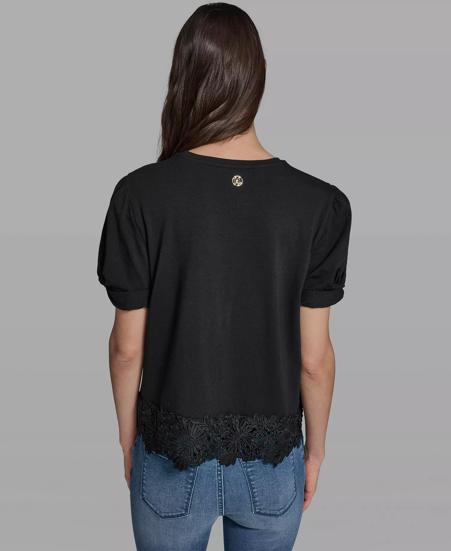 Women's Crew Neck Short-Sleeve Floral Crochet-Trim Top - Black - L