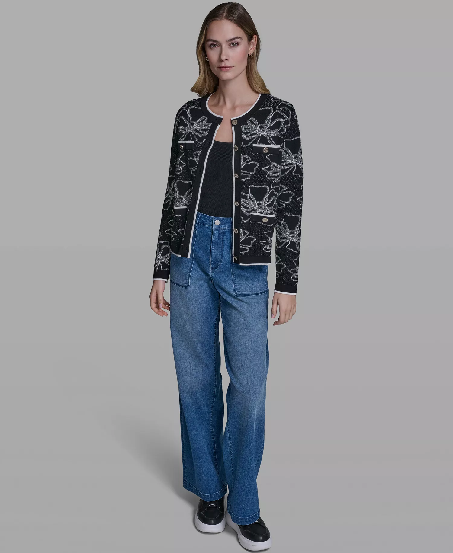 Women's Flower Embroidered Cardigan Sweater - Black/soft White - L