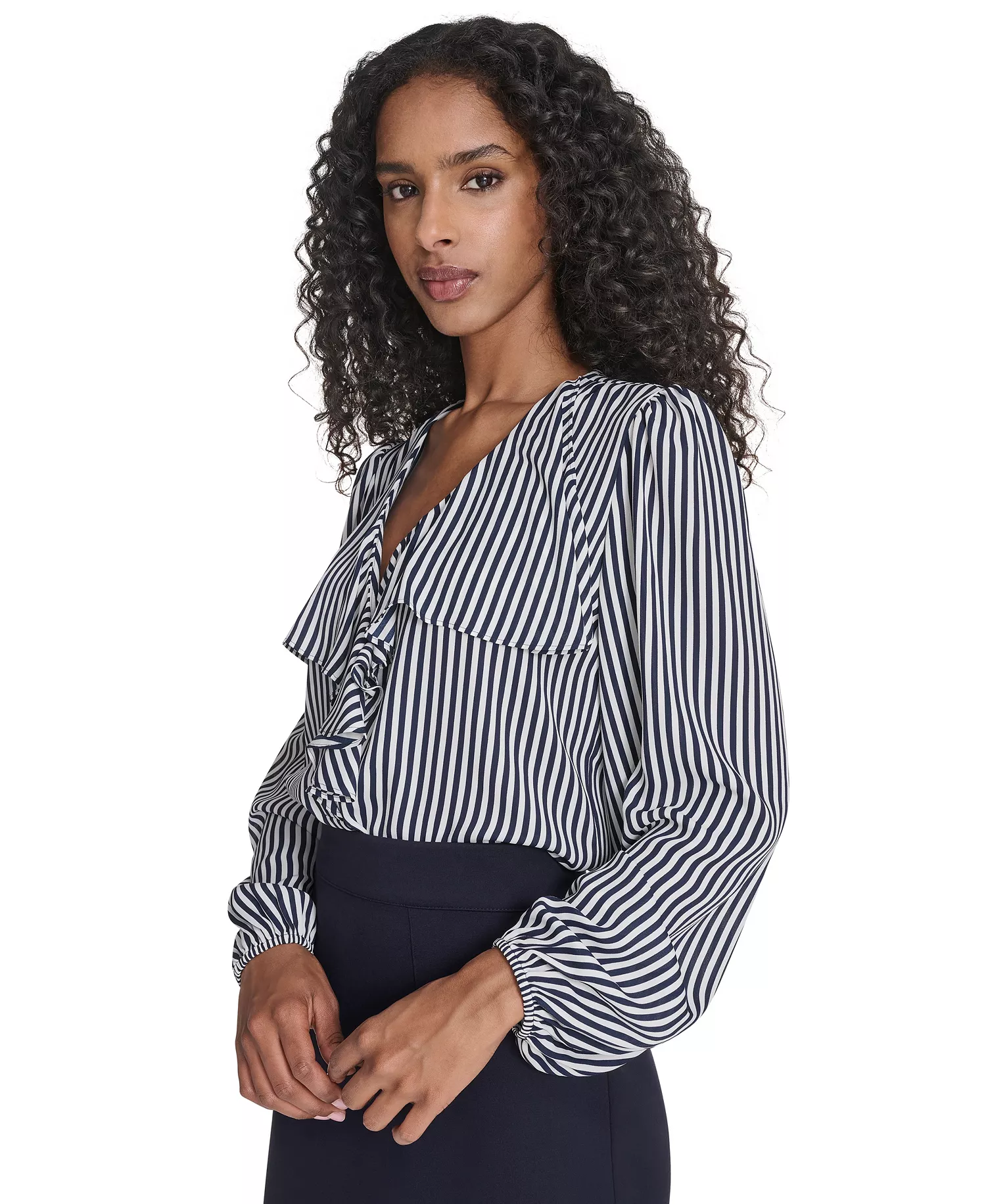 Women's Striped V-Neck Ruffle Top - Ivory/ Midnight - XS