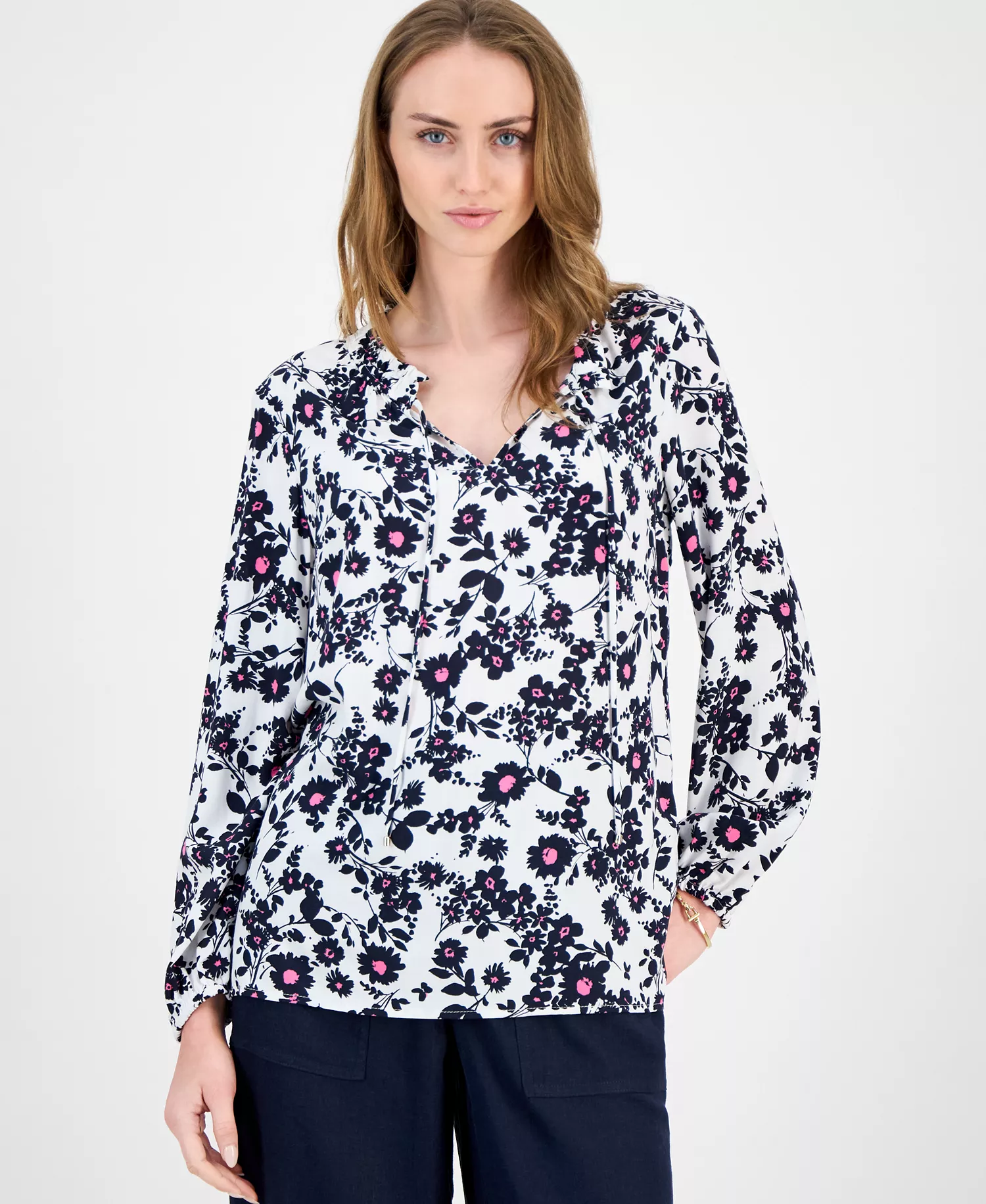 Women's Floral Tie-Neck Long-Sleeve Top - Ivory Multi - XXL