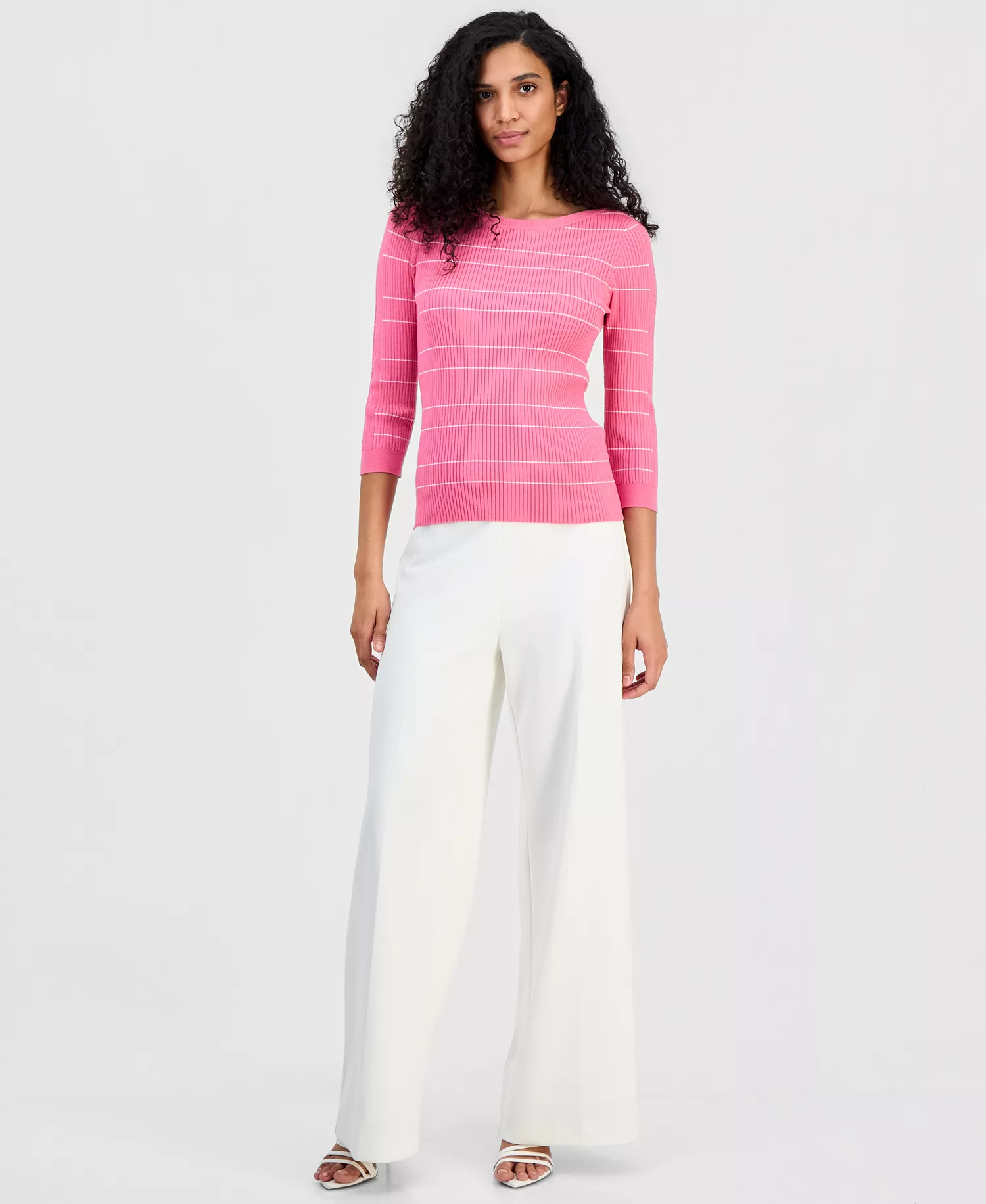 Women's Ribbed Boat-Neck Sweater - Parisian Pink / White - L