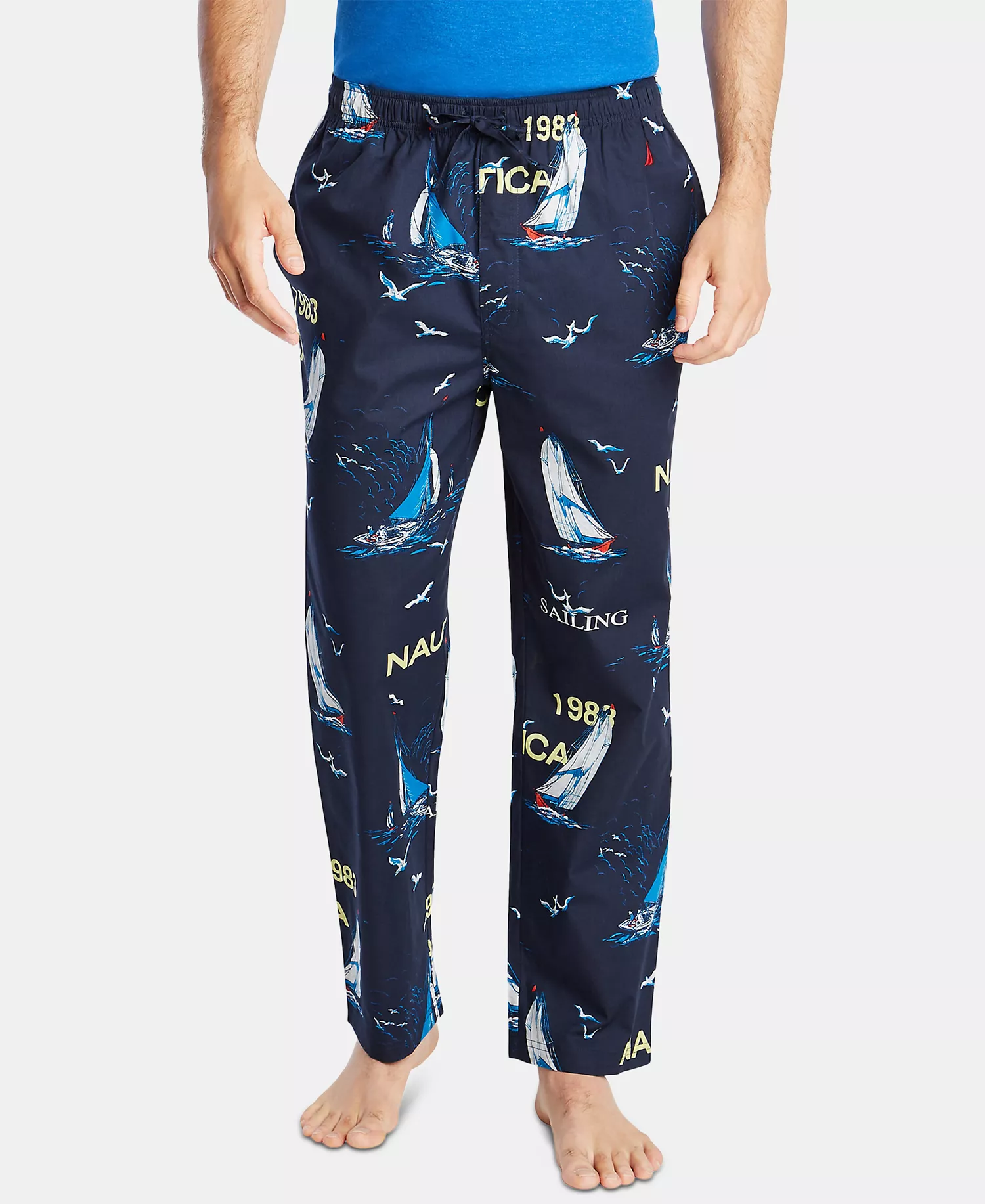 Men's Cotton Sailboat-Print Pajama Pants - Navy - L