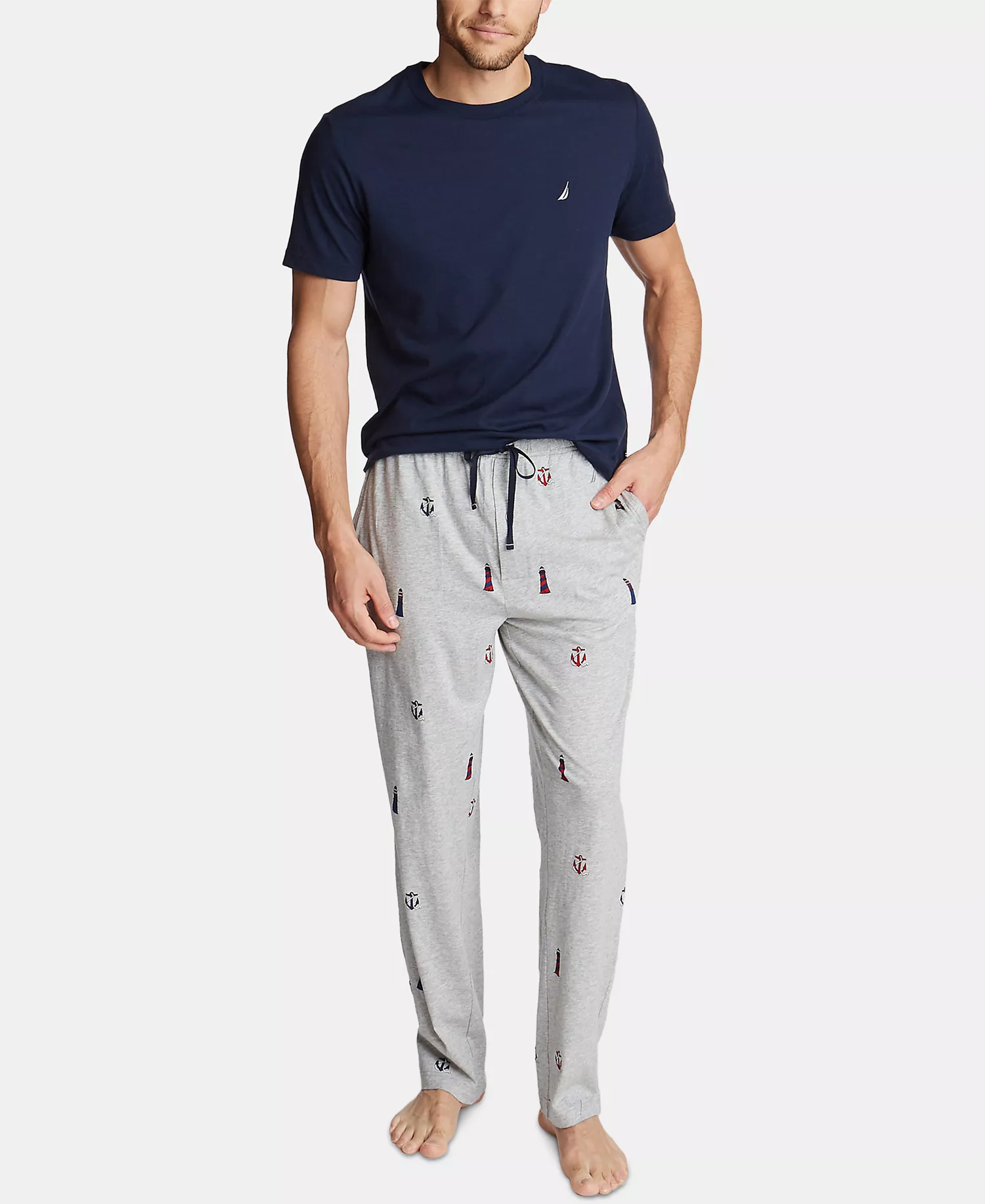 Men's Printed Cotton Pajama Pants - Lighthouse-Grey Heather - L
