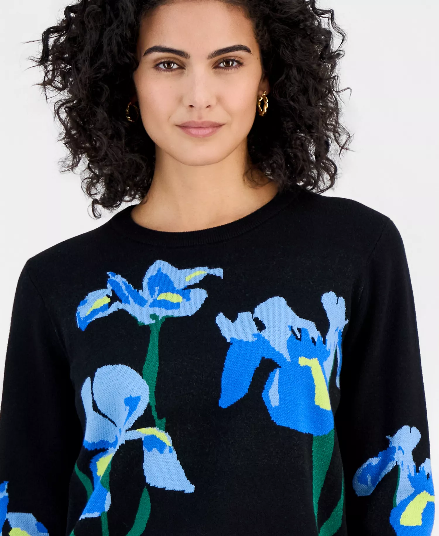 Women's Flower Jacquard Crewneck Sweater - Black Blue - L