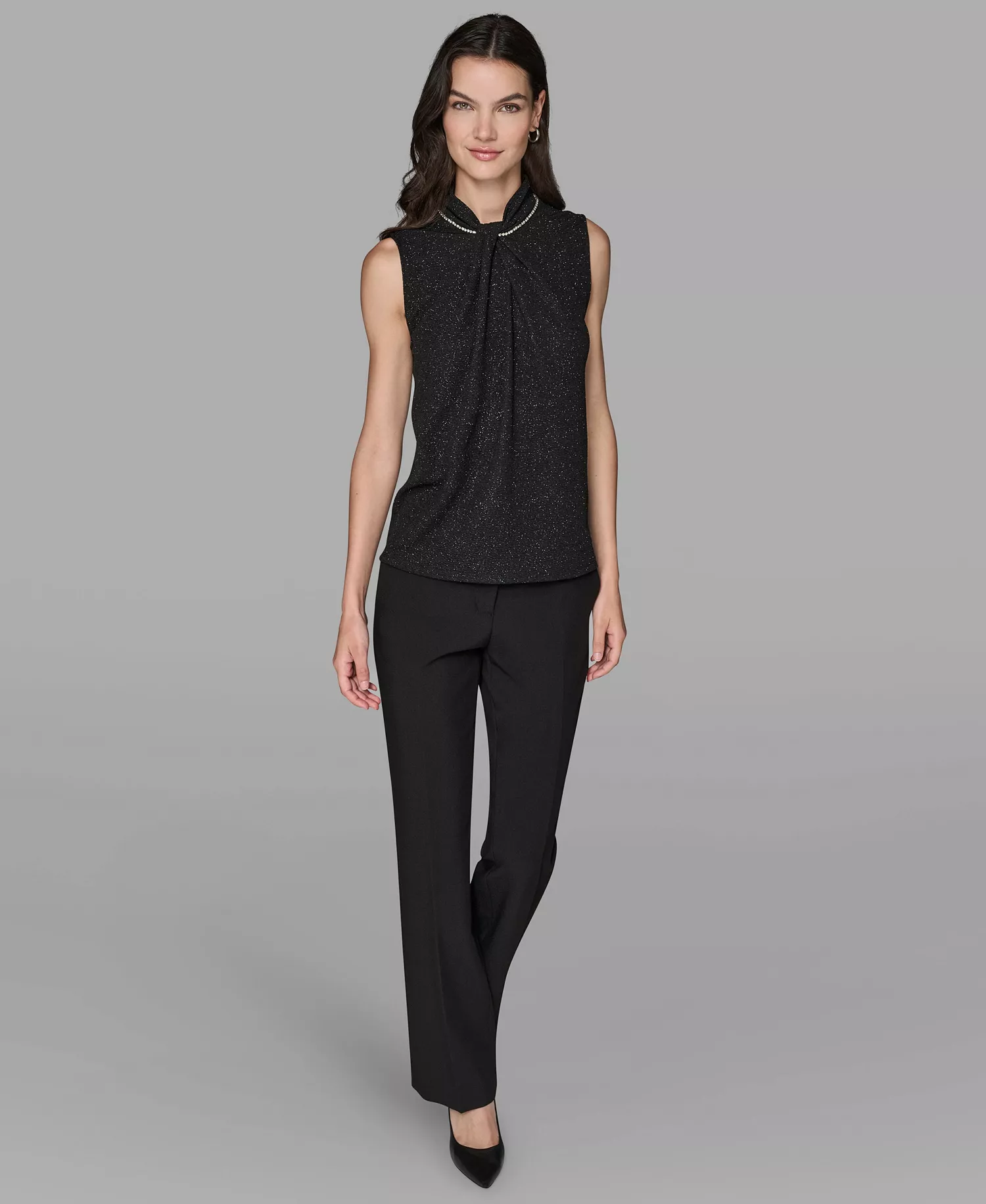 Women's Sleeveless Rhinestone-Collar Knit Top - Black - L