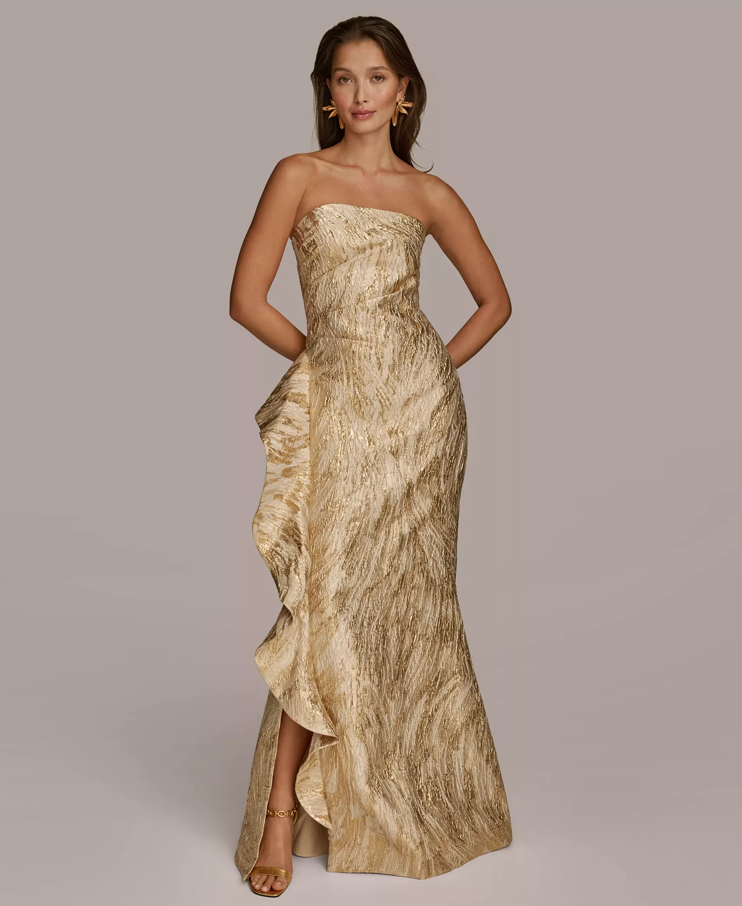 Women's Metallic Ruffled Strapless Gown - Champagne Multi - 10