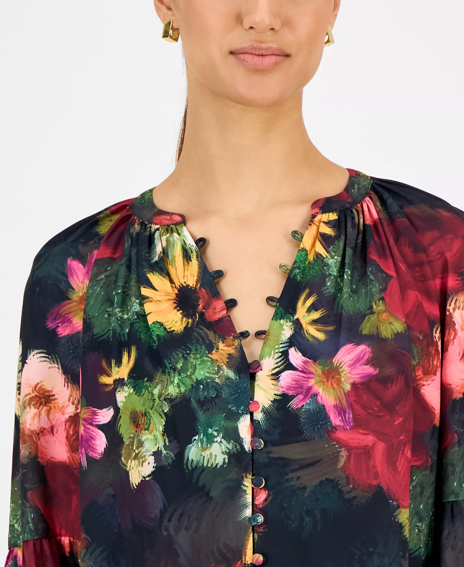 Women's Floral Split-Neck Blouse - Midnight Garden - M