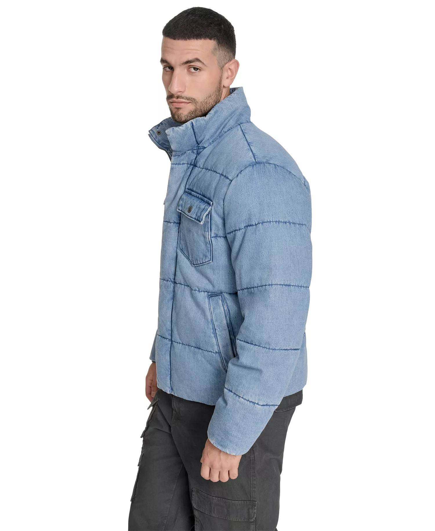 Men's Denim Quilted Puffer Jacket - Light Wash Denim - 2XL