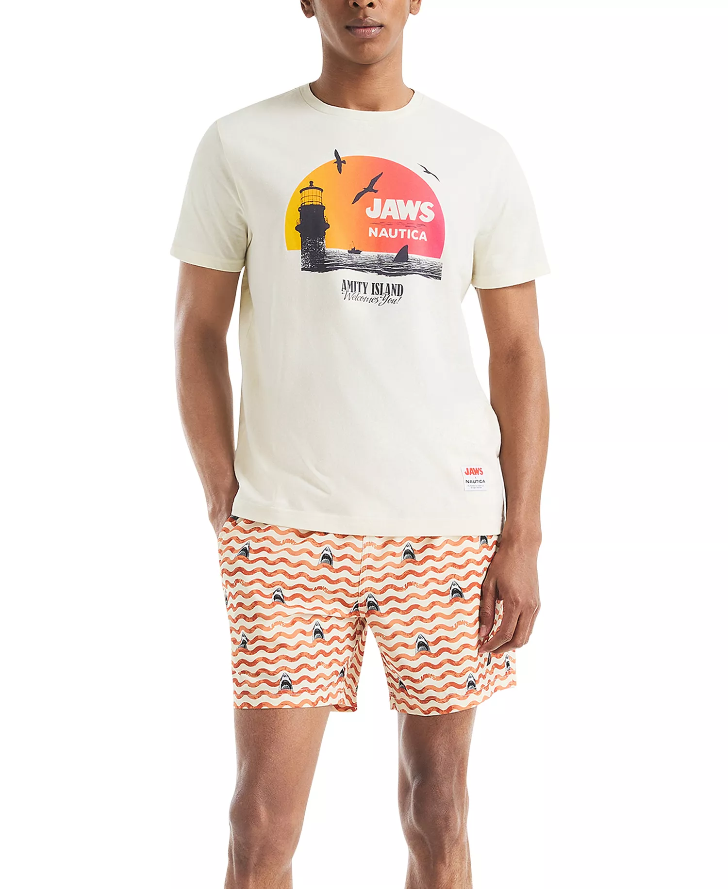 JAWS x Men's Classic-Fit Active Stretch Quick-Dry Printed 6" Swim Trunks - Coast Guard Orange - M