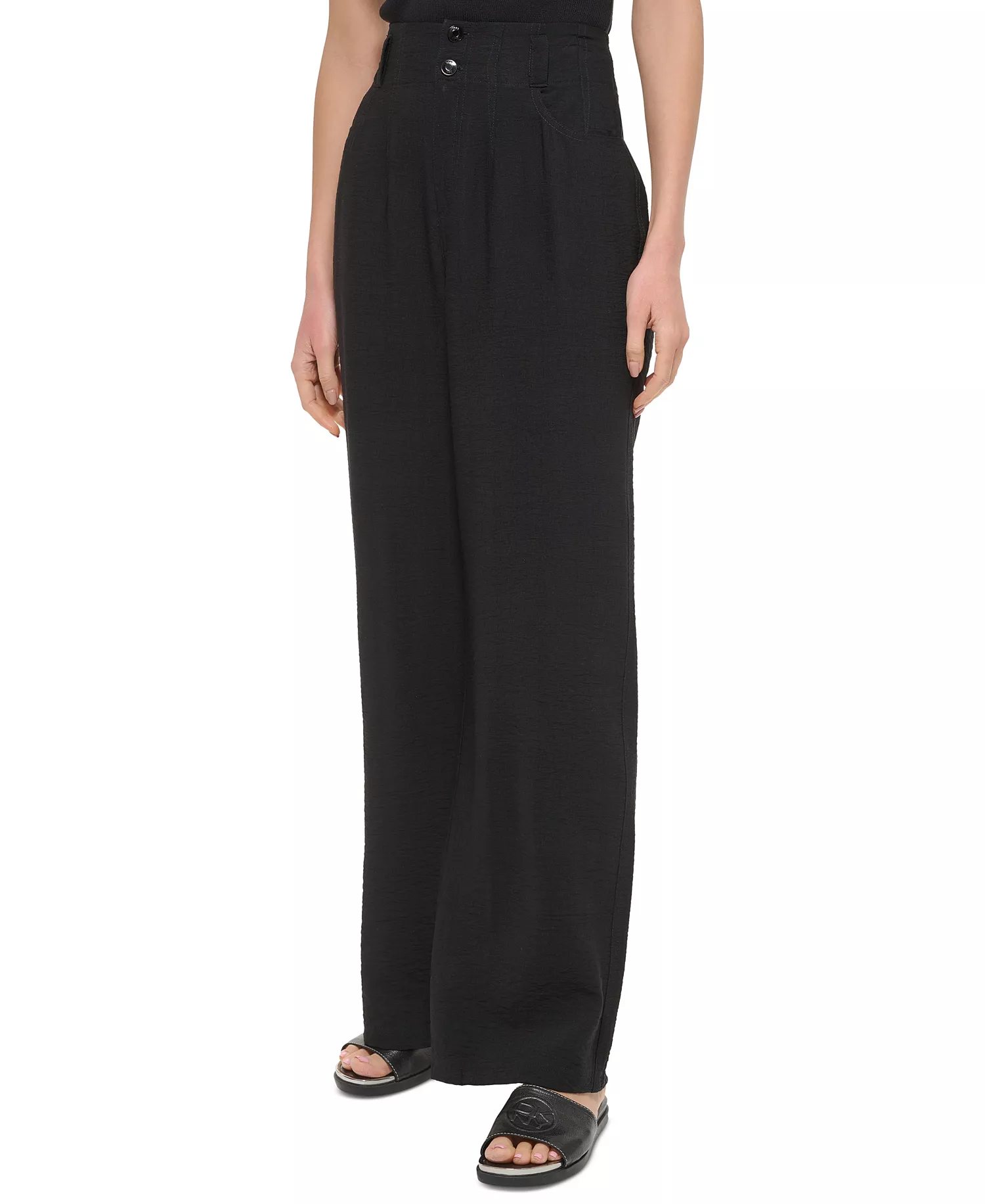 Women's Top-Stitched Crinkle Trousers - Black - 0