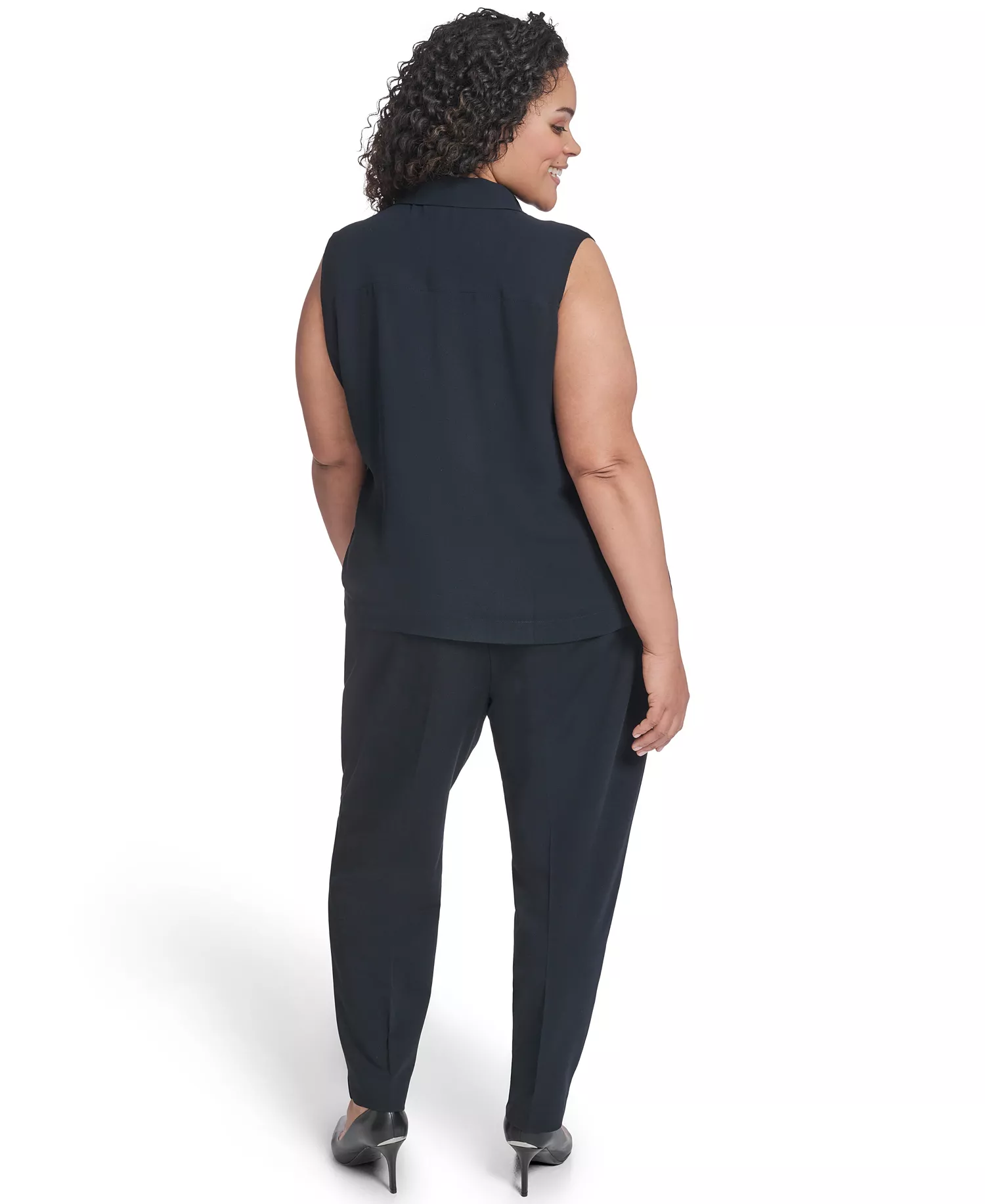 Plus Size Collared Neck Sleeveless Top - Navy - 1X