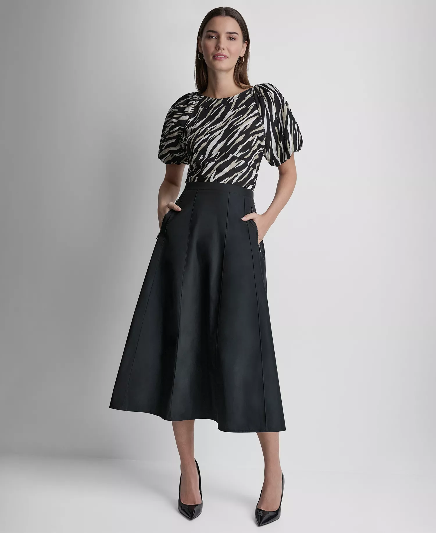 Women's Taffeta A-Line Seamed Midi Skirt - Black - 0