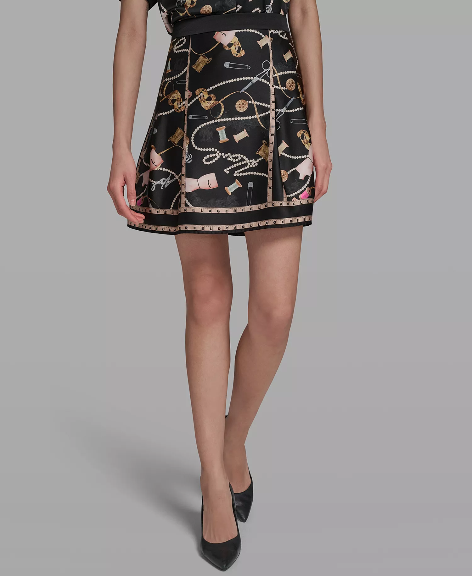 Women's Sewing Detail Printed Short Skirt - Black Combo - 0