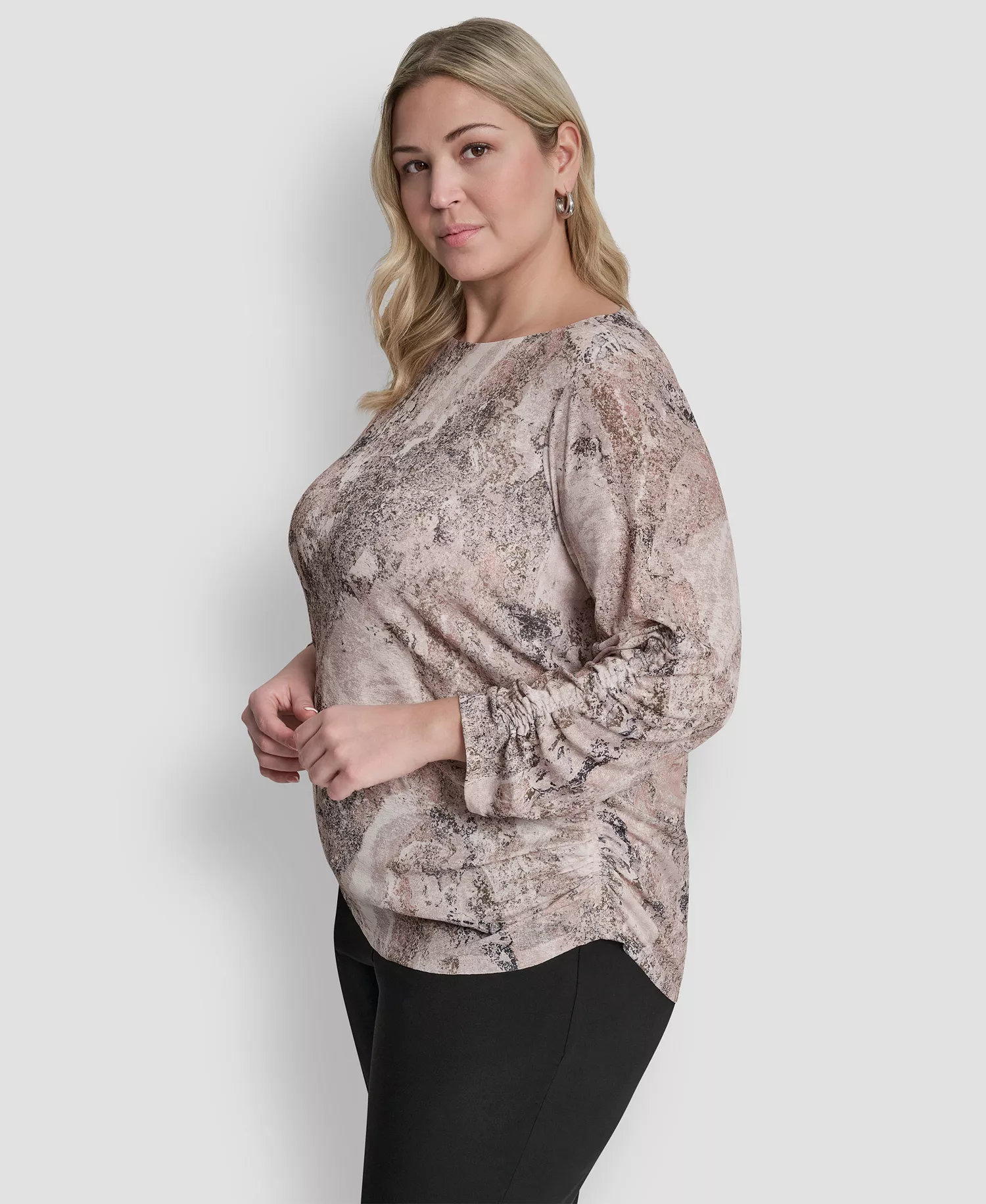 Plus Size Boat Neck Long-Sleeve Top - Coconut/Travertine Multi - 1X