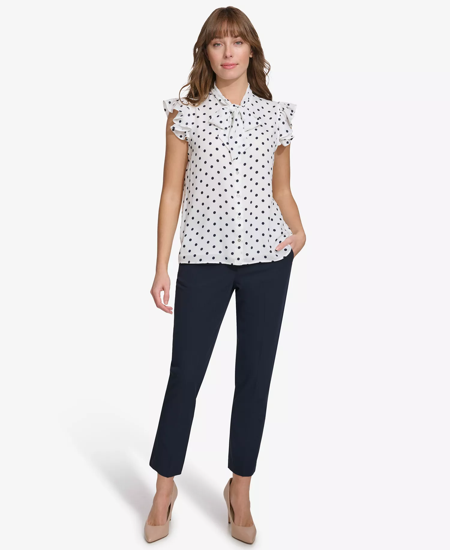 Women's Ruffle-Sleeve Bow Blouse - Ivry/midnight - L