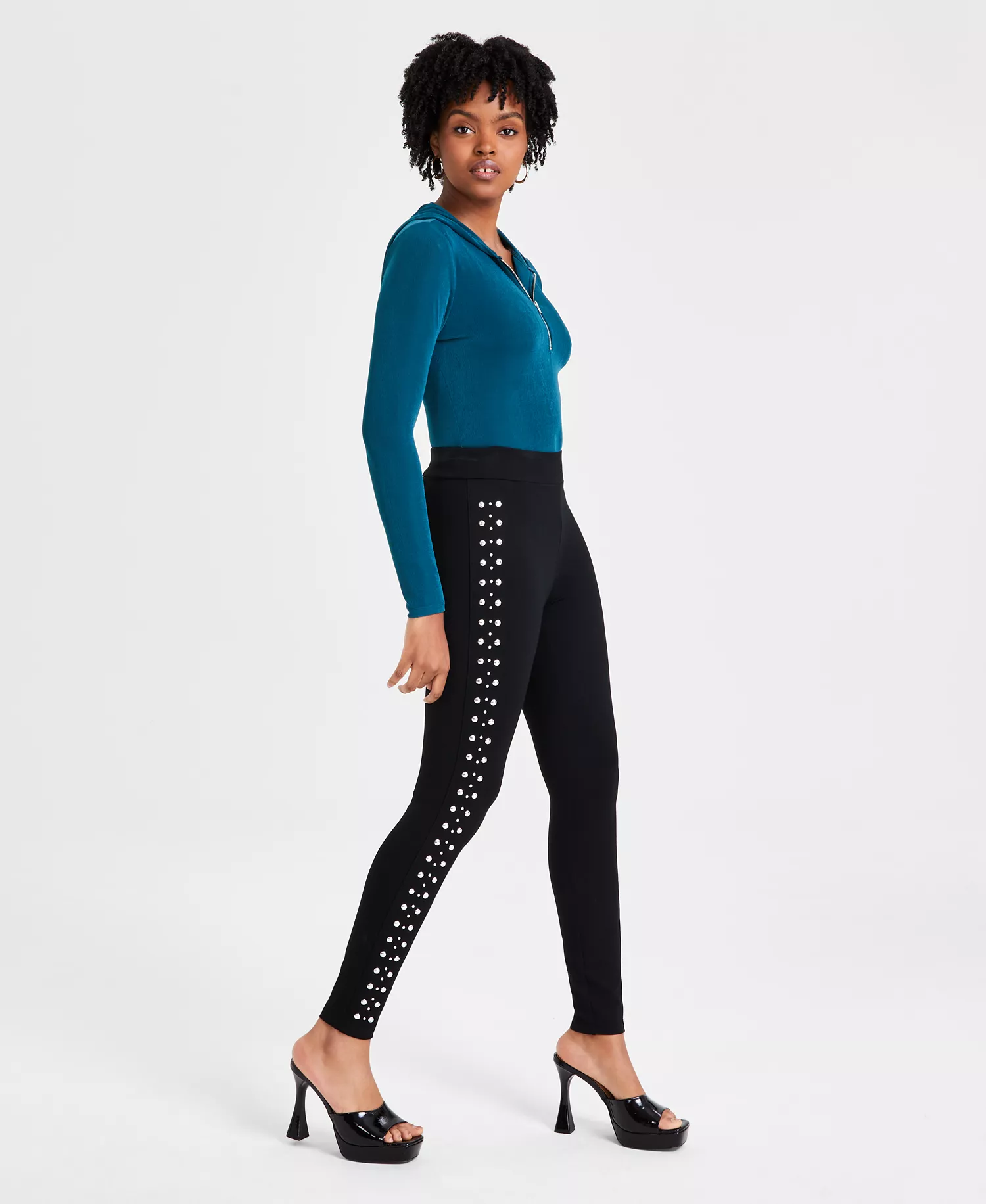 Women's Three-Row Studded Ponté-Knit Leggings, Created for Macy's - Deep Black - XXS