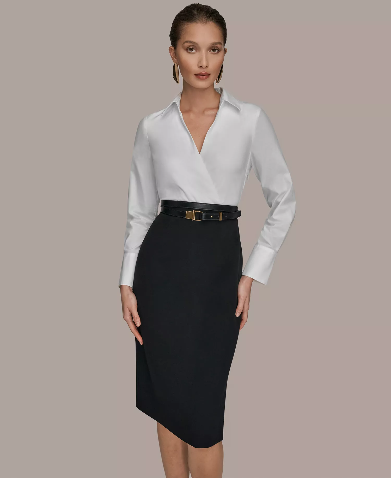 Women's V-Neck Belted Contrast Wrap Sheath Midi Dress - Cream/Black - 10