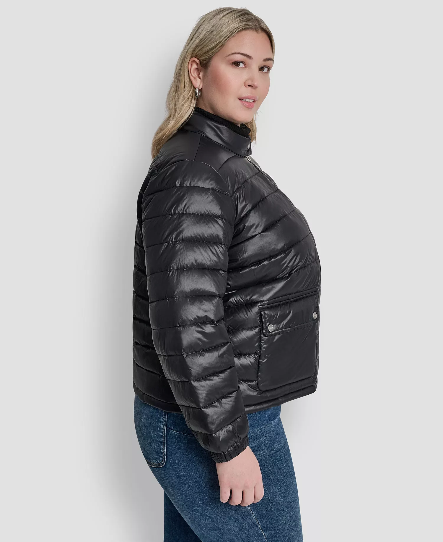 Plus Size Moto Collar Short Packable Coat - Black - 0X