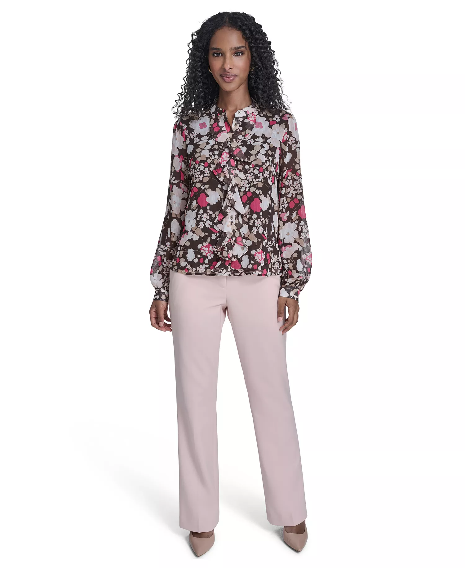Women's Floral Ruffle Placket Top - Chicory Multi - L