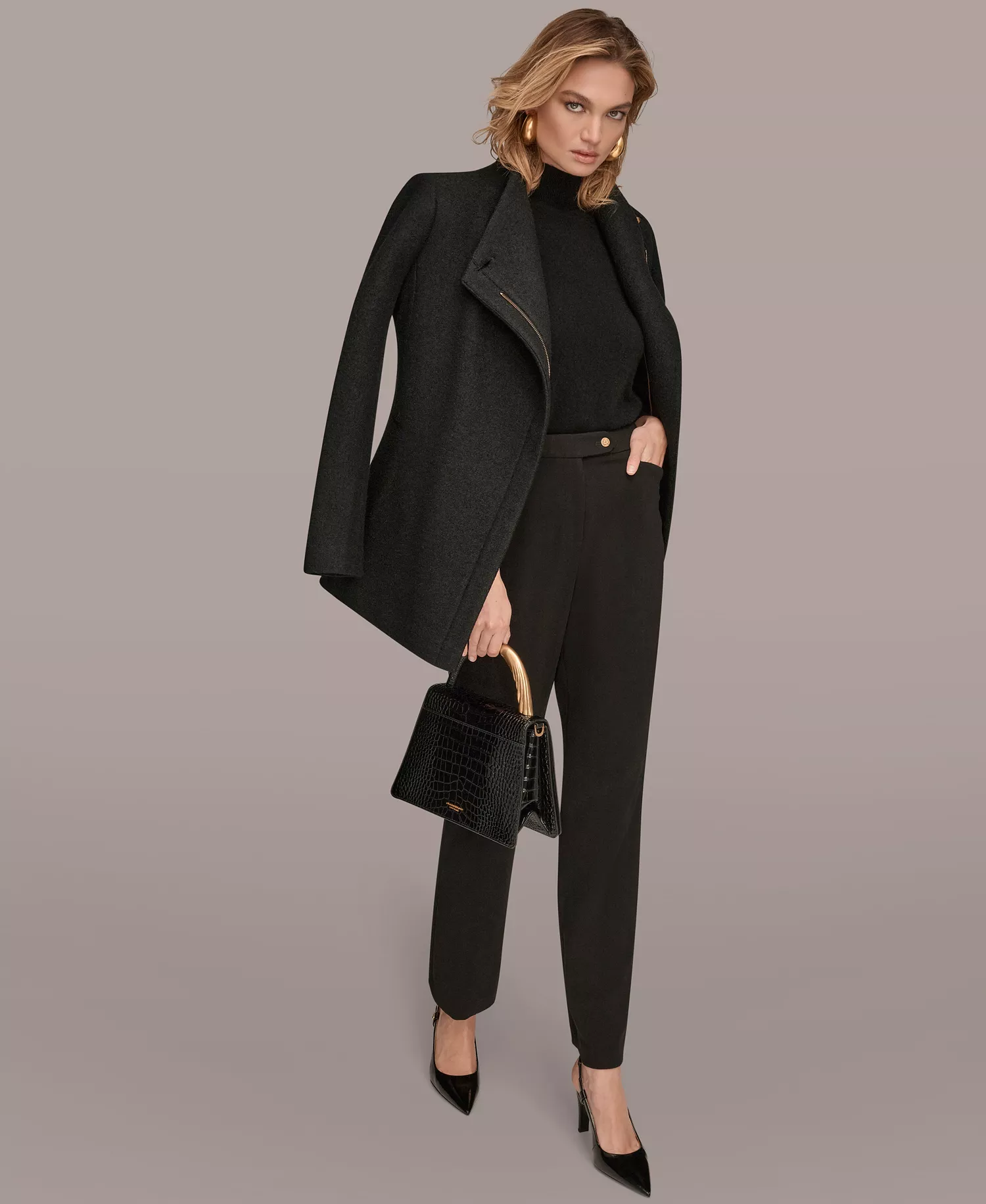 Women's Wing Collar Belted Coat - Black - L