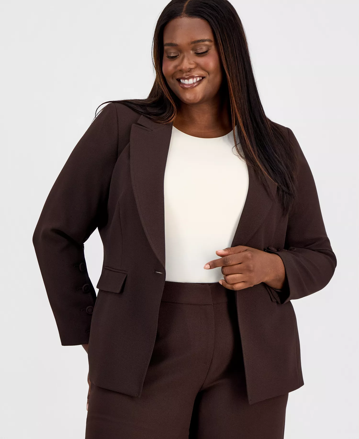 Plus Size One-Button Long-Sleeve Blazer - Espresso - 14W