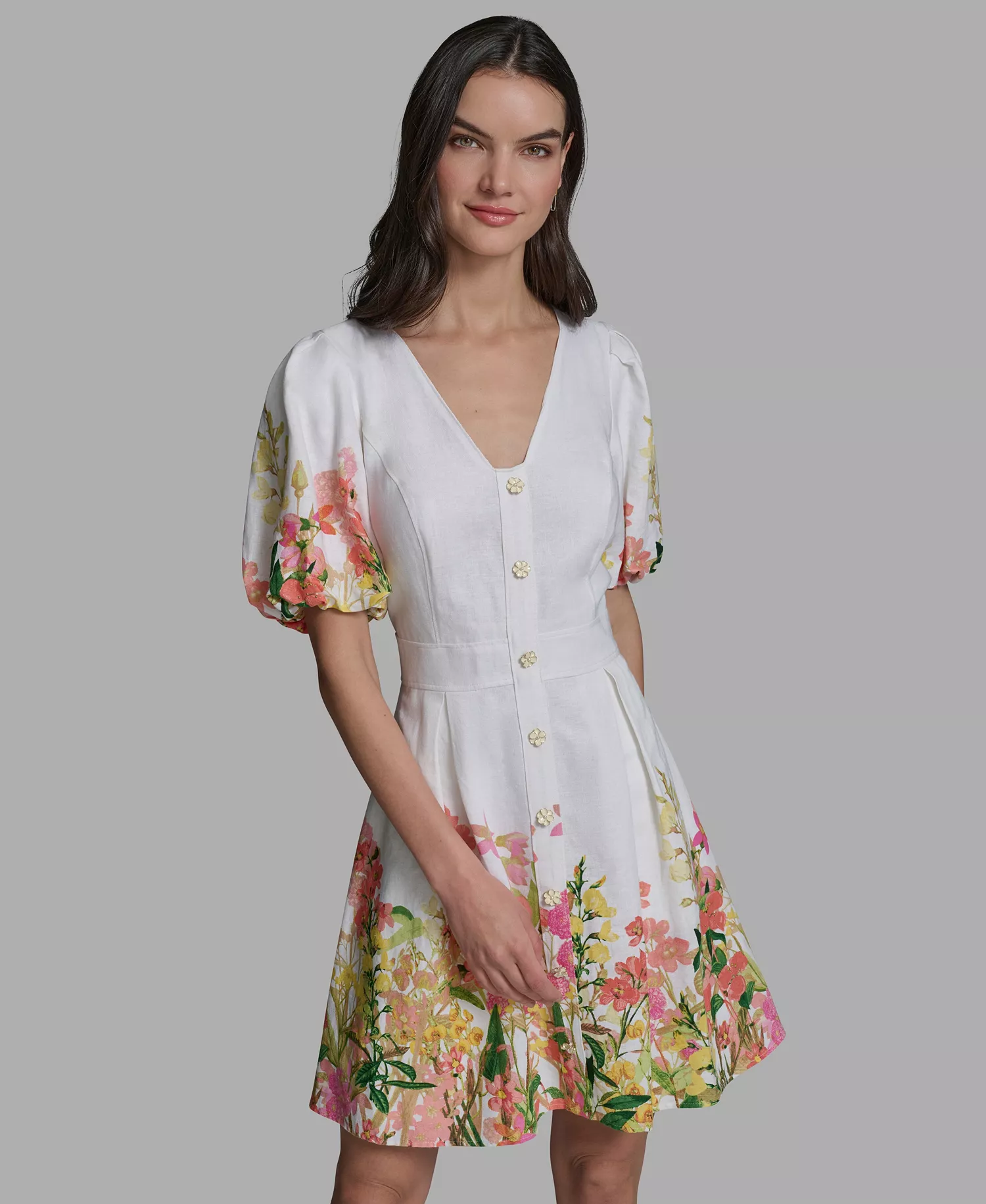 Women's Floral Border Linen Puff-Sleeve Dress - Soft White Multi - 0