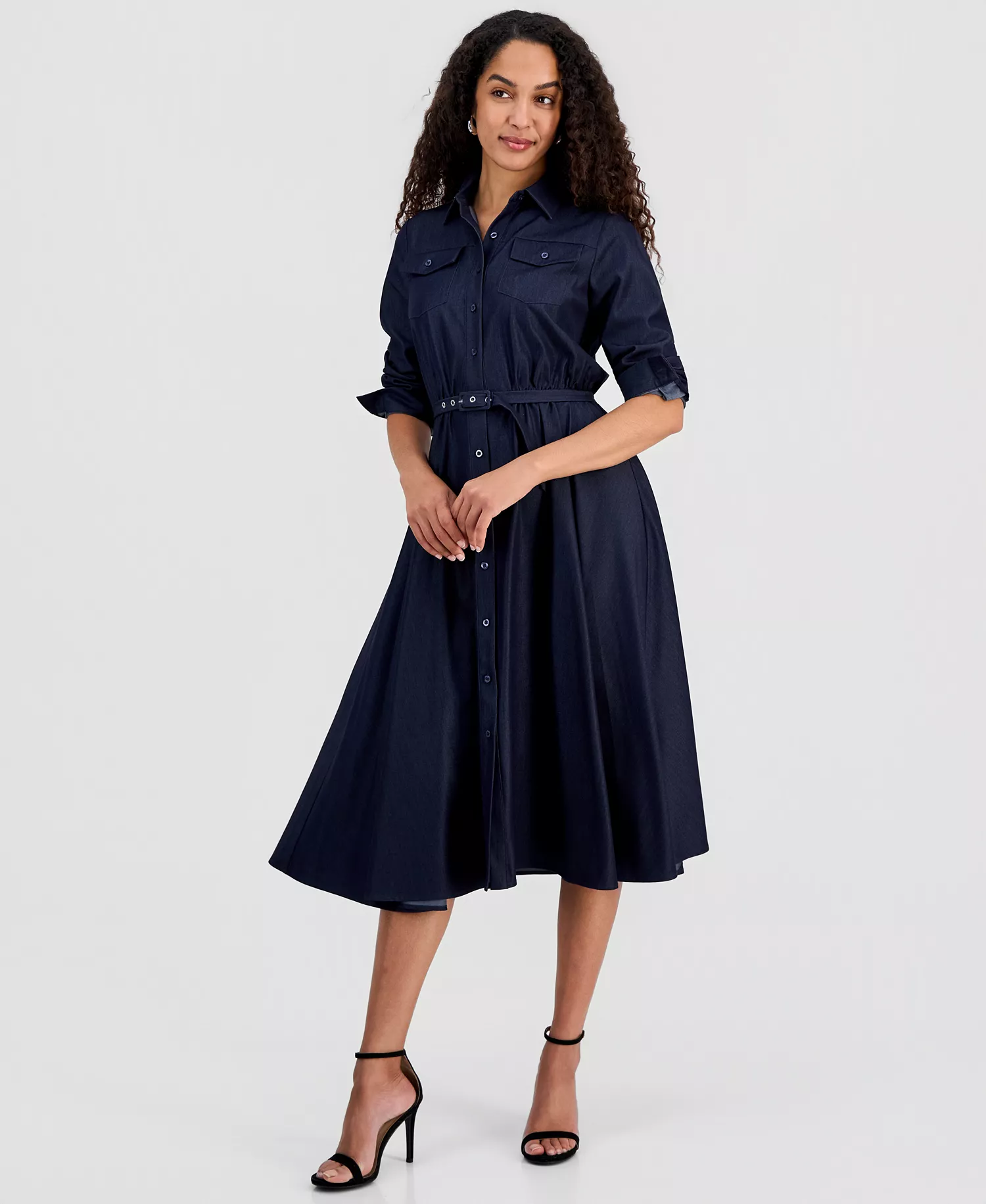 Women's Belted Button Long-Sleeve Fit & Flare Dress - Denim - 10