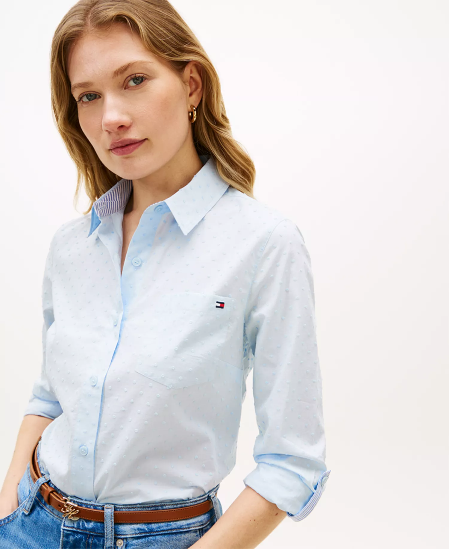 Women's Clip Dot Roll-Tab Collared Shirt - Breezy Blue - L