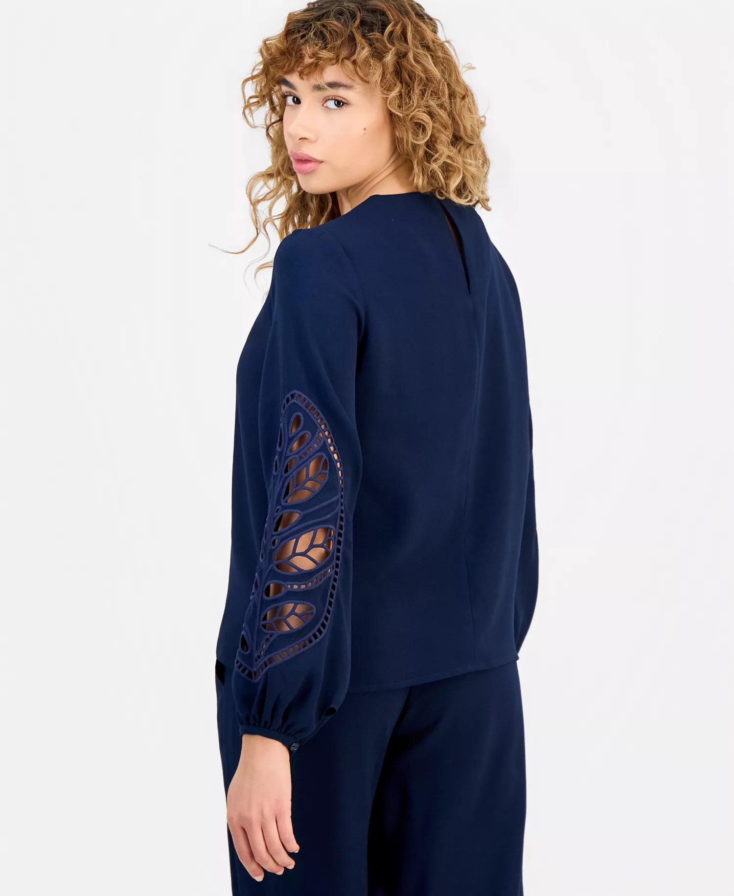 Women's Embroidered-Sleeve Crewneck Blouse - Navy - L