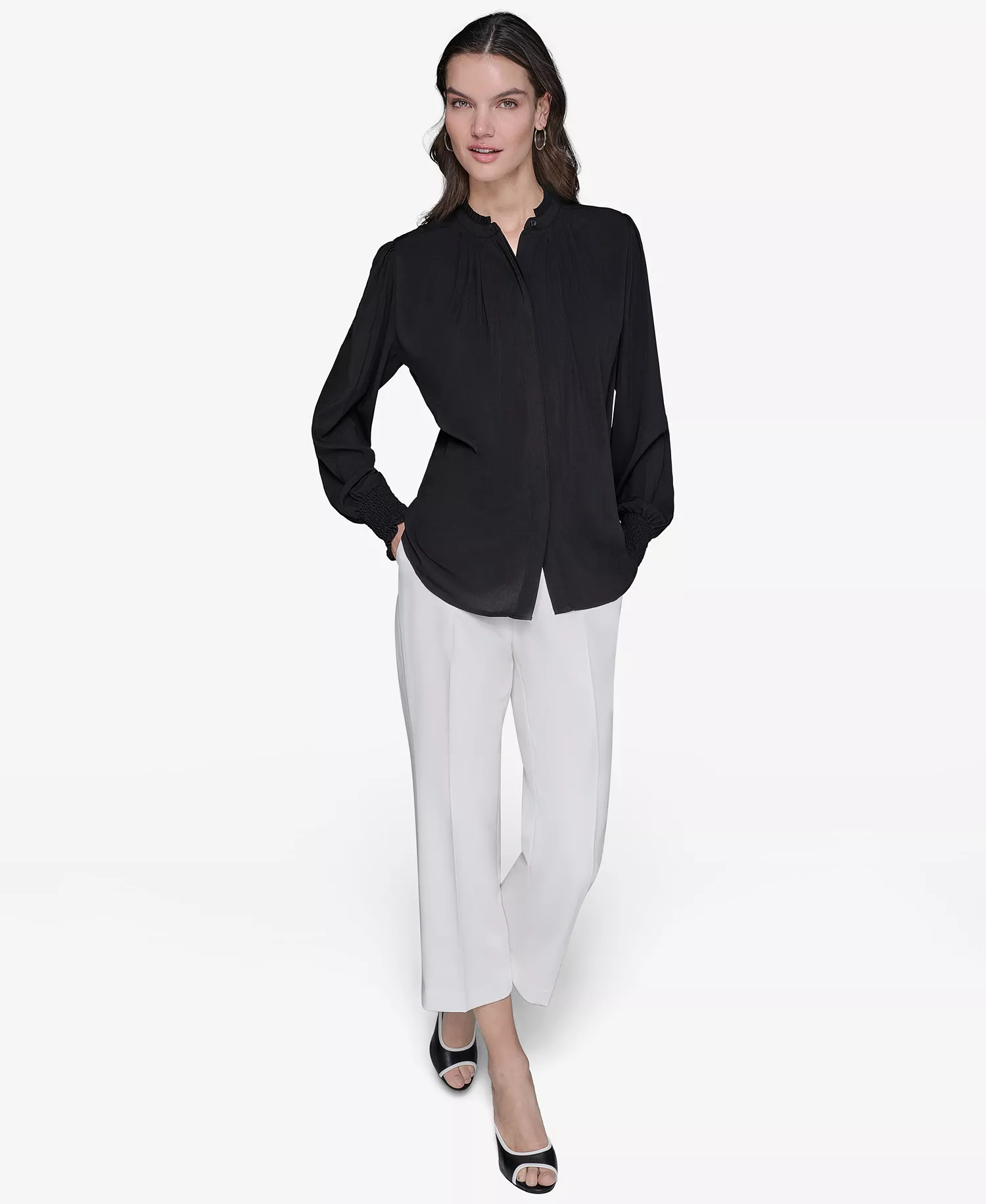 Women's Blouson-Sleeve Button-Front Blouse - Black - L