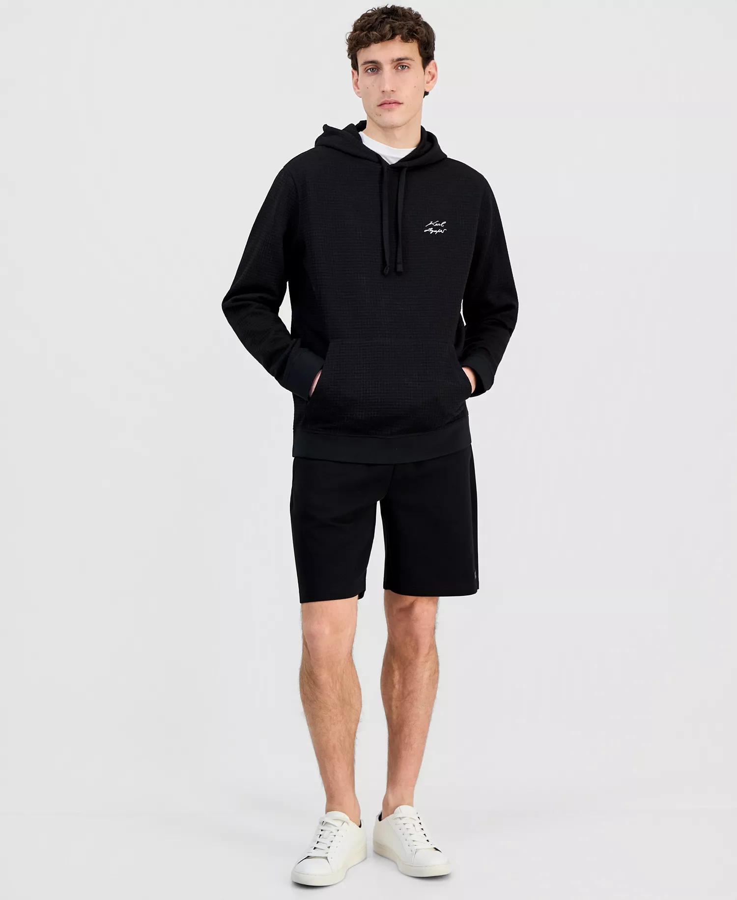 Men's Logo Waffle-Knit Pullover Hoodie - Black - 2XL