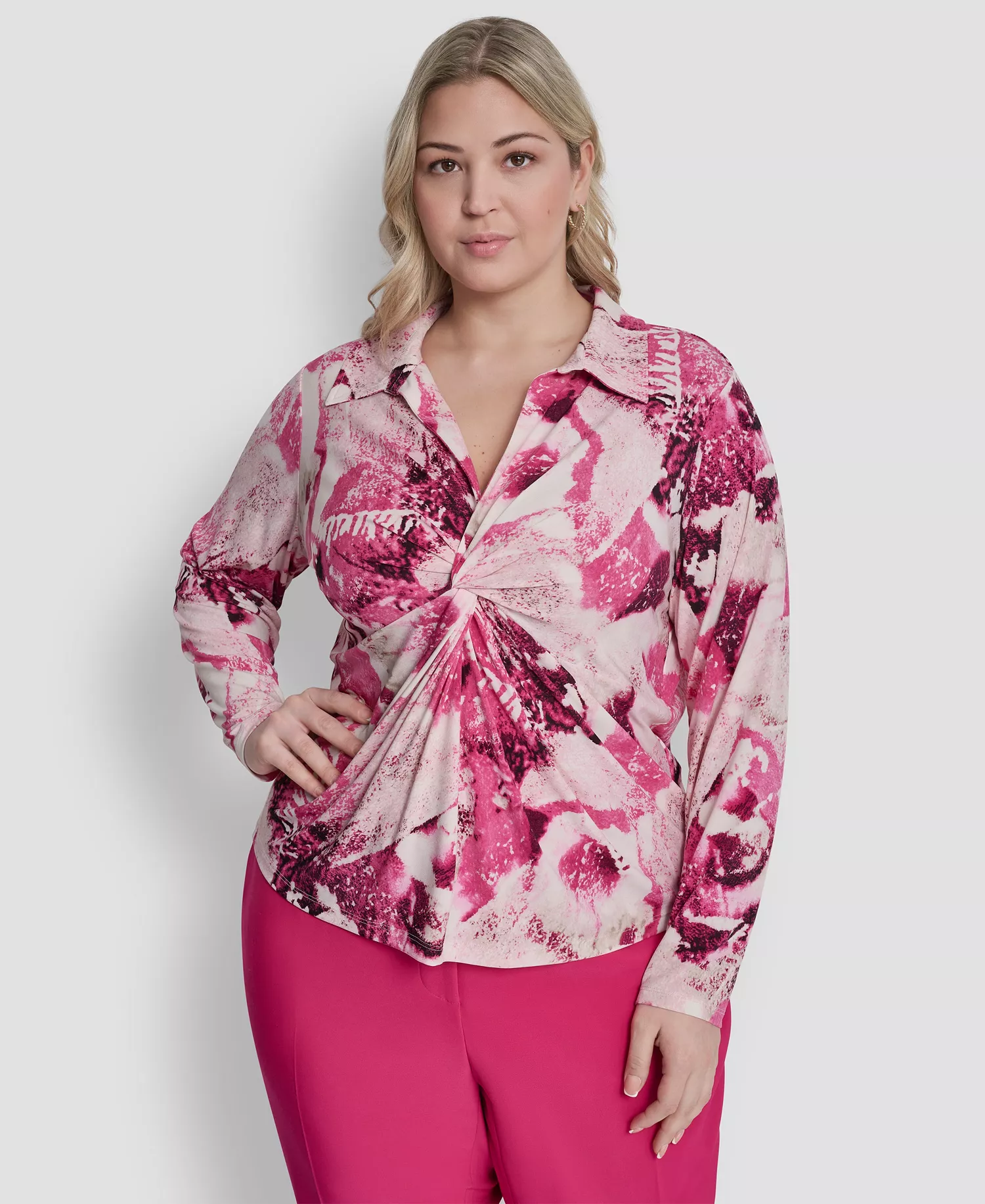 Plus Size Collared Long-Sleeve Top - Hot Pink/Pebble Multi - 1X