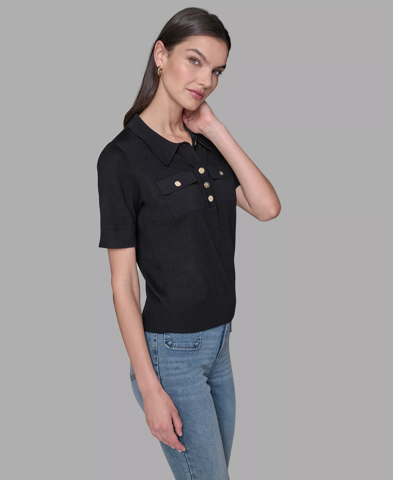 Women's Short-Sleeve Button-Front Sweater - Black - XS