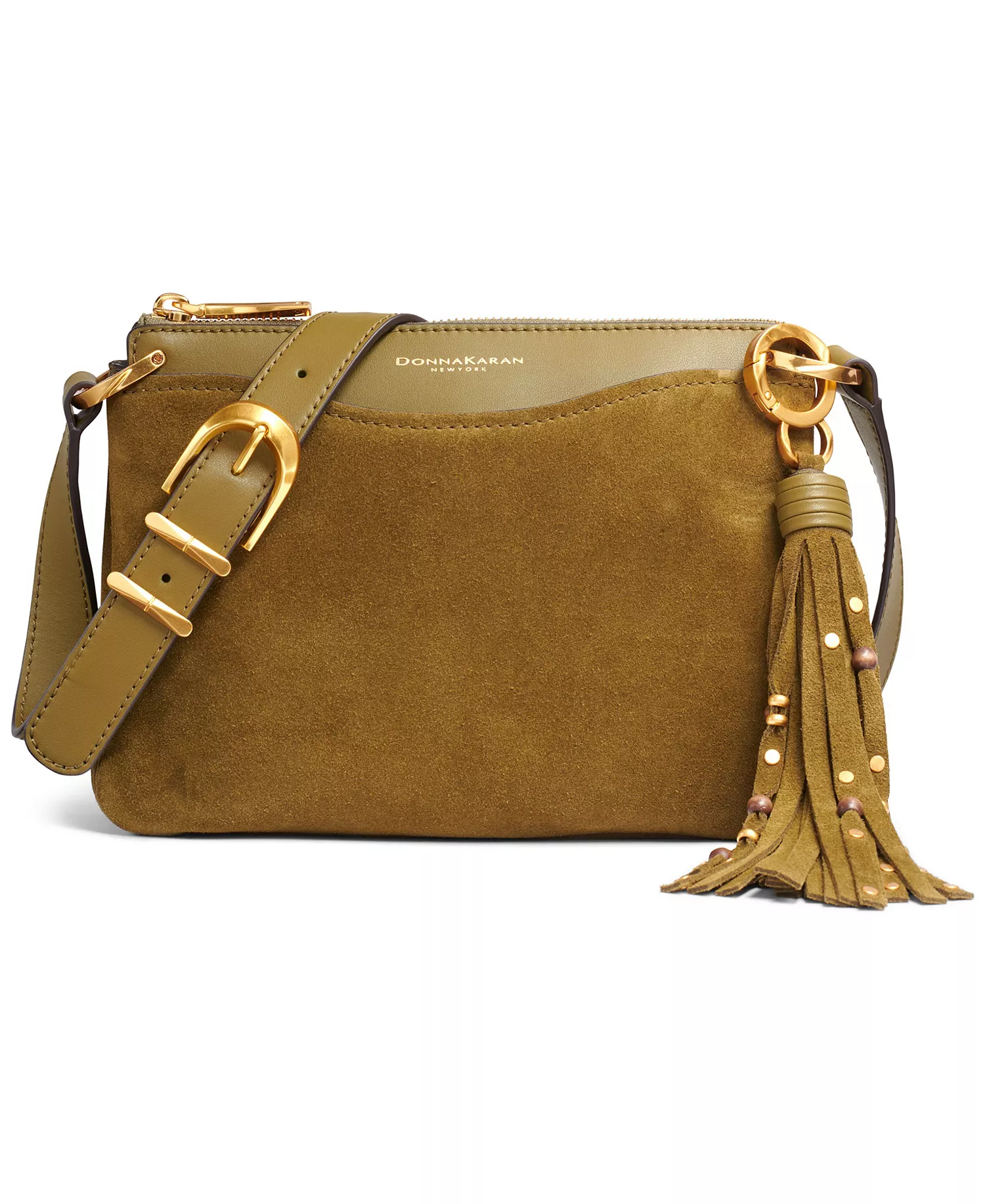 Glenwood Zippered Suede Crossbody with Beaded Tassel Detail - Smoky Olive - NO SIZE