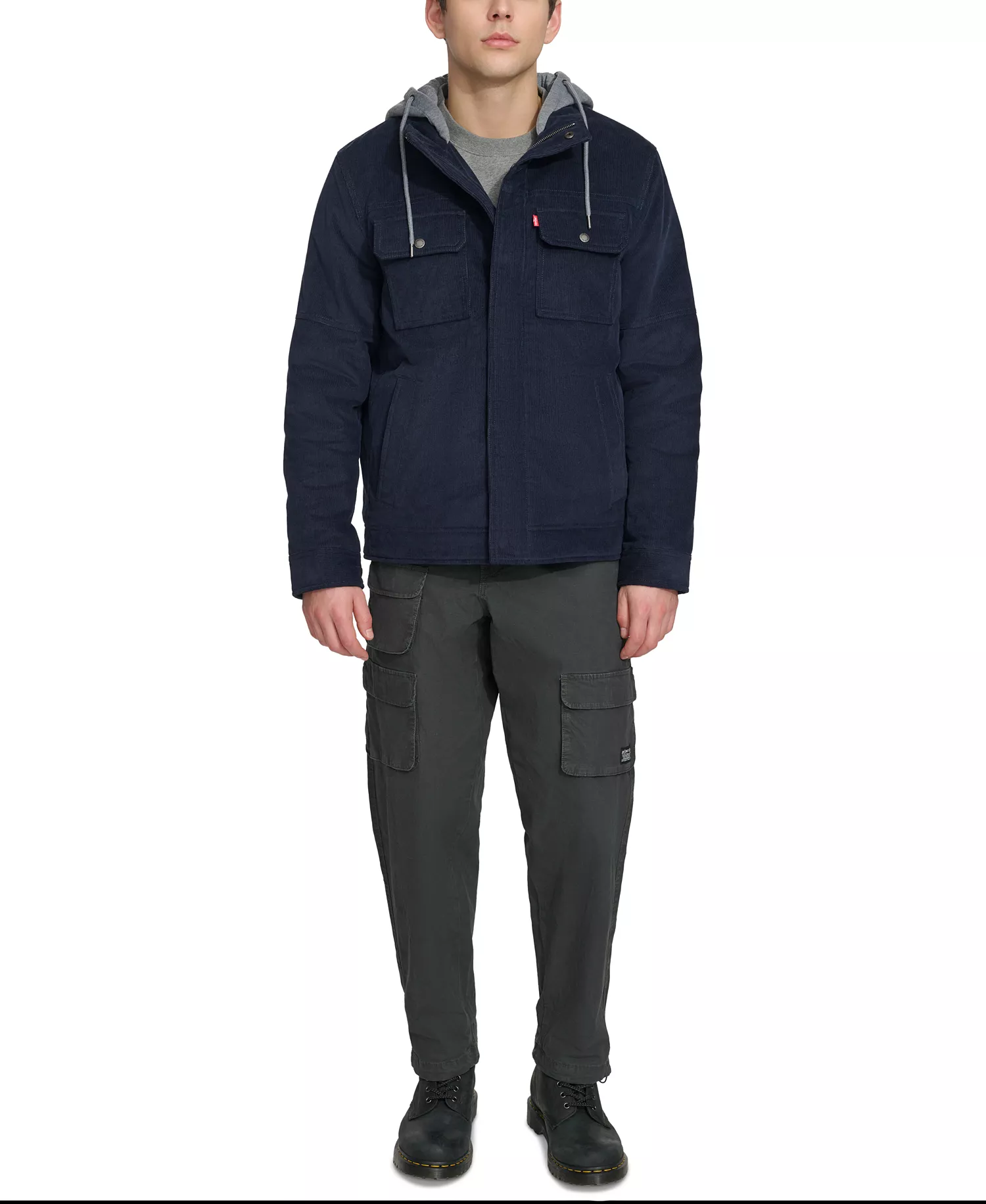 Men's Hooded Corduroy Zip Jacket - Navy - 2XL