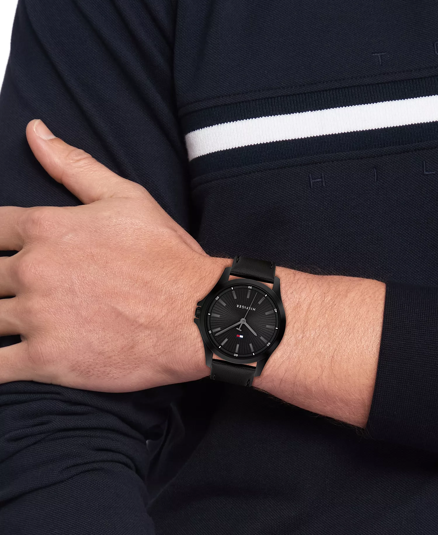 Men's Quartz Black Leather Strap Watch, 43mm - Black - 43mm