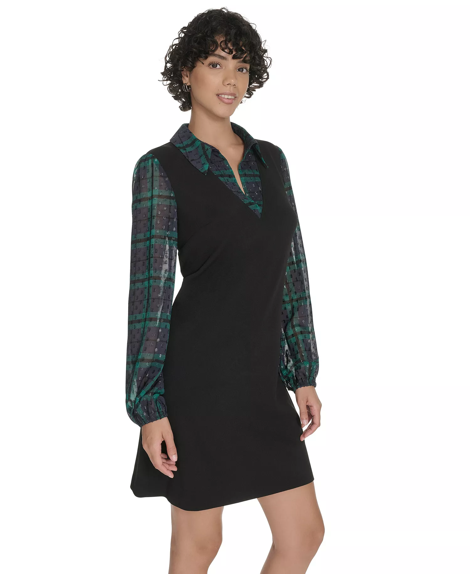 Petite Crepe Long Sleeve Dress - Black/Midnight/Green - 0P