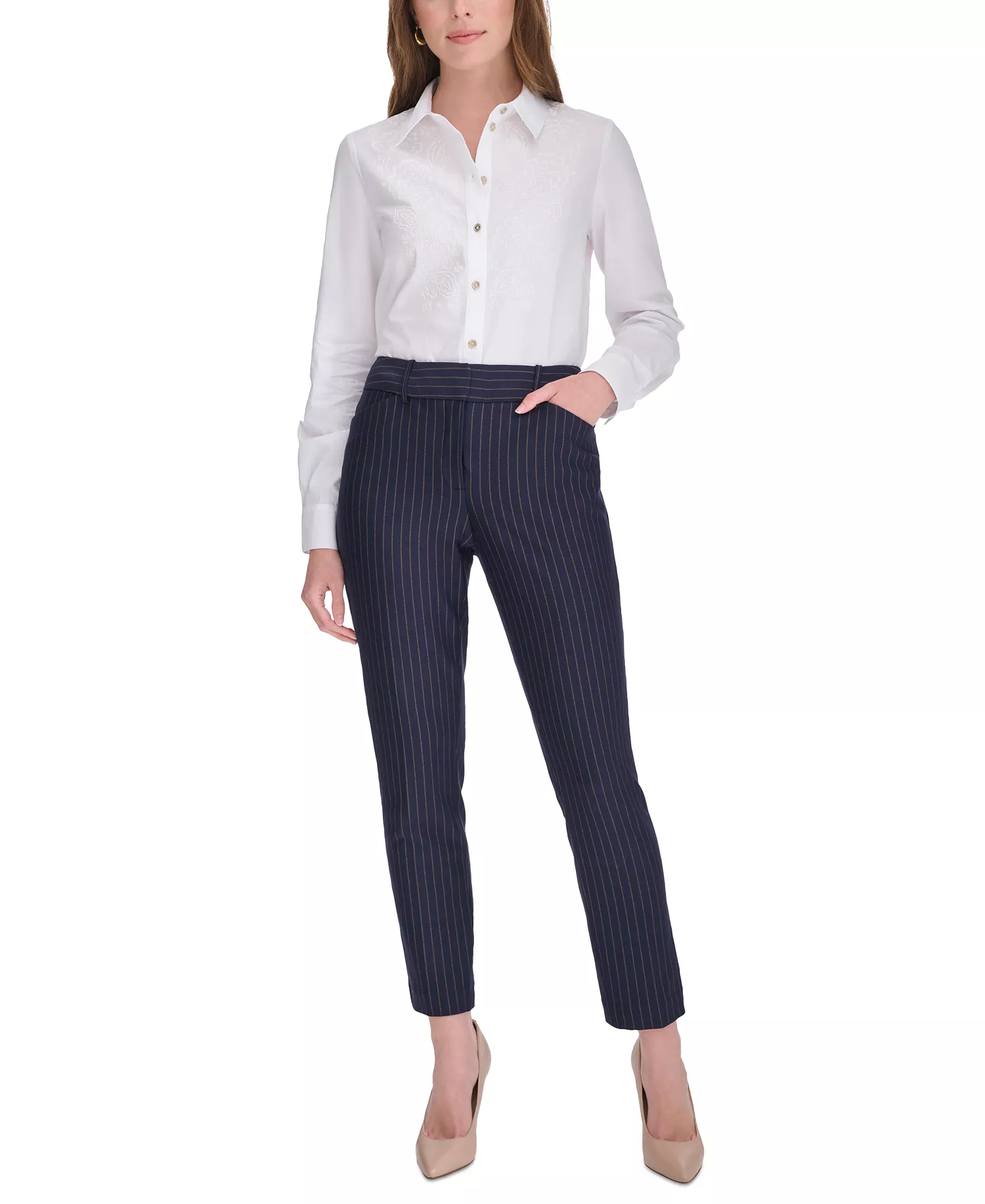 Women's Pinstripe Mid-Rise Ankle-Length Pants - Mdngt/taba - 0