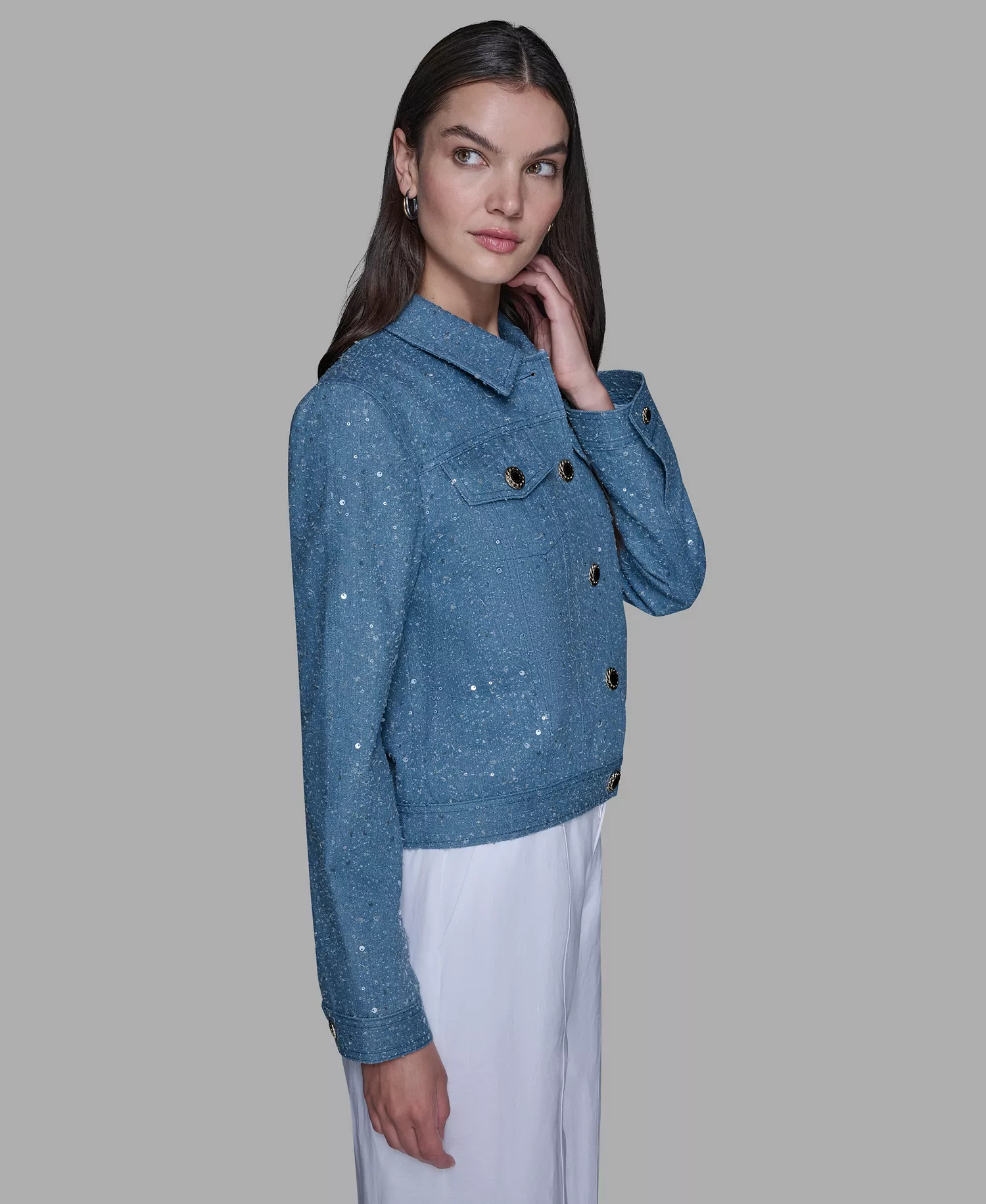 Women's Button Front Sequin Detail Jacket - Medium Blue - L