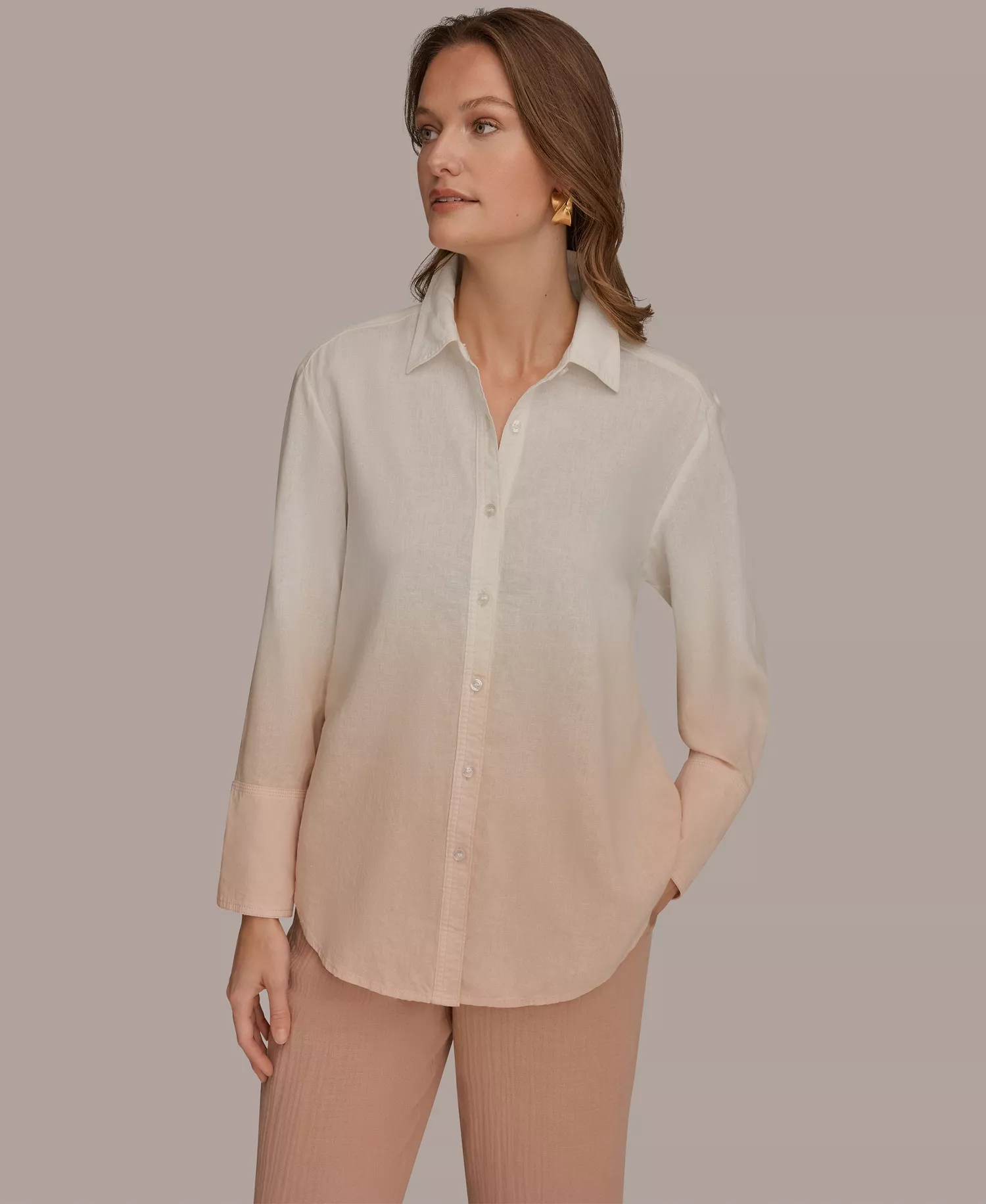 Women's Linen Dip Dye Long-Sleeve Button-Front Shirt - Snow Petal Dip Dye - L