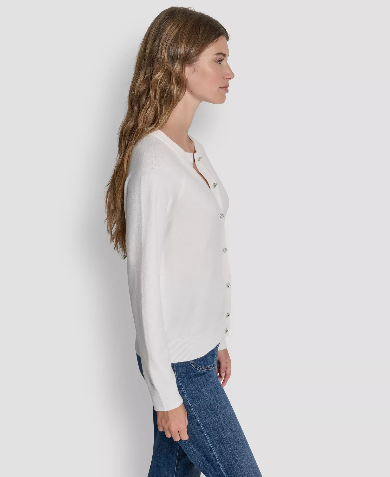 Women's Rhinestone Button-Front Crewneck Cardigan - Ivory - L